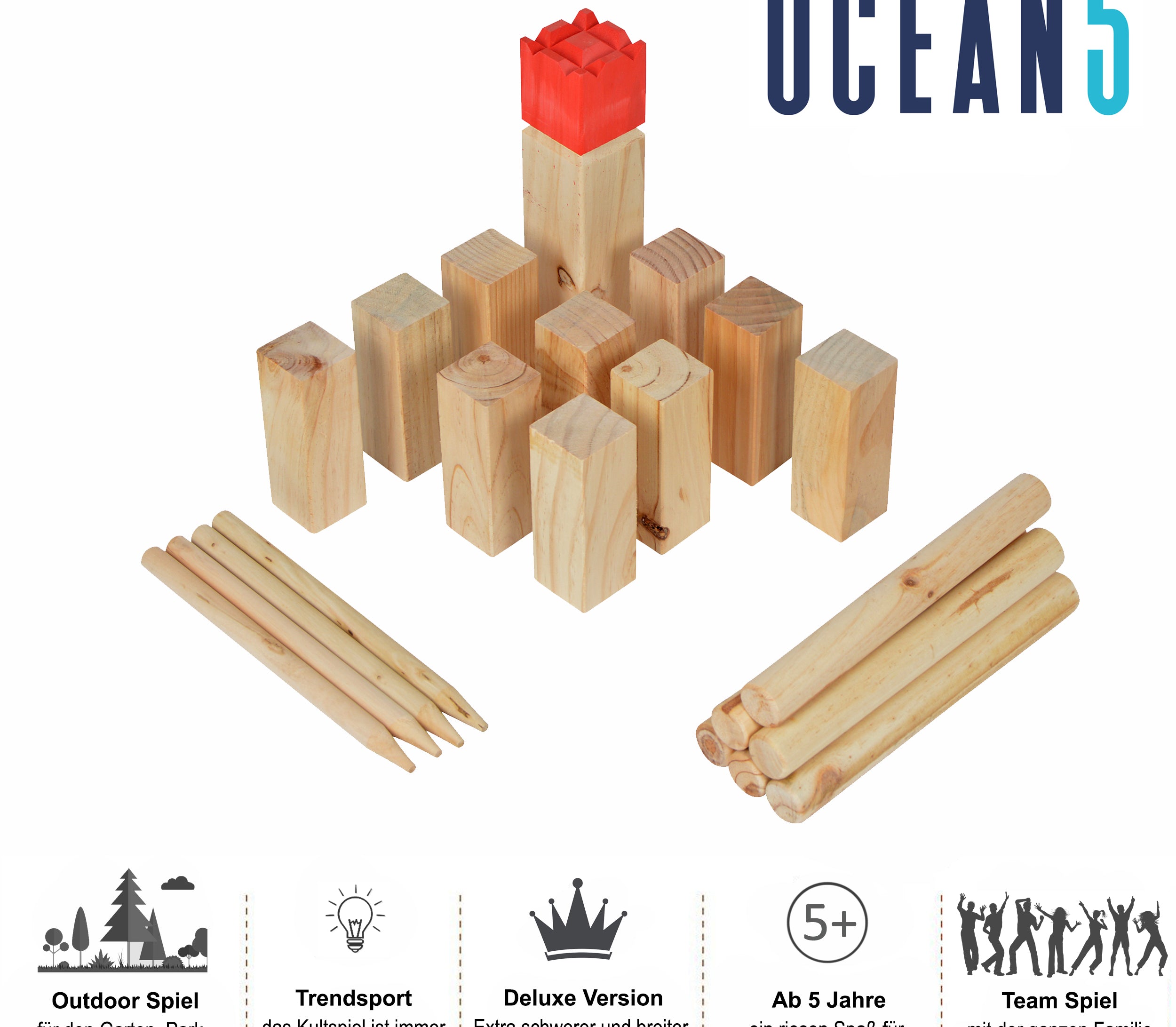 Ocean5 OCEAN5 Kubb - Origineel Viking werpspel, Houten schaak kegels spel Kubb - Deluxe - 30 x 7 cm (H B)