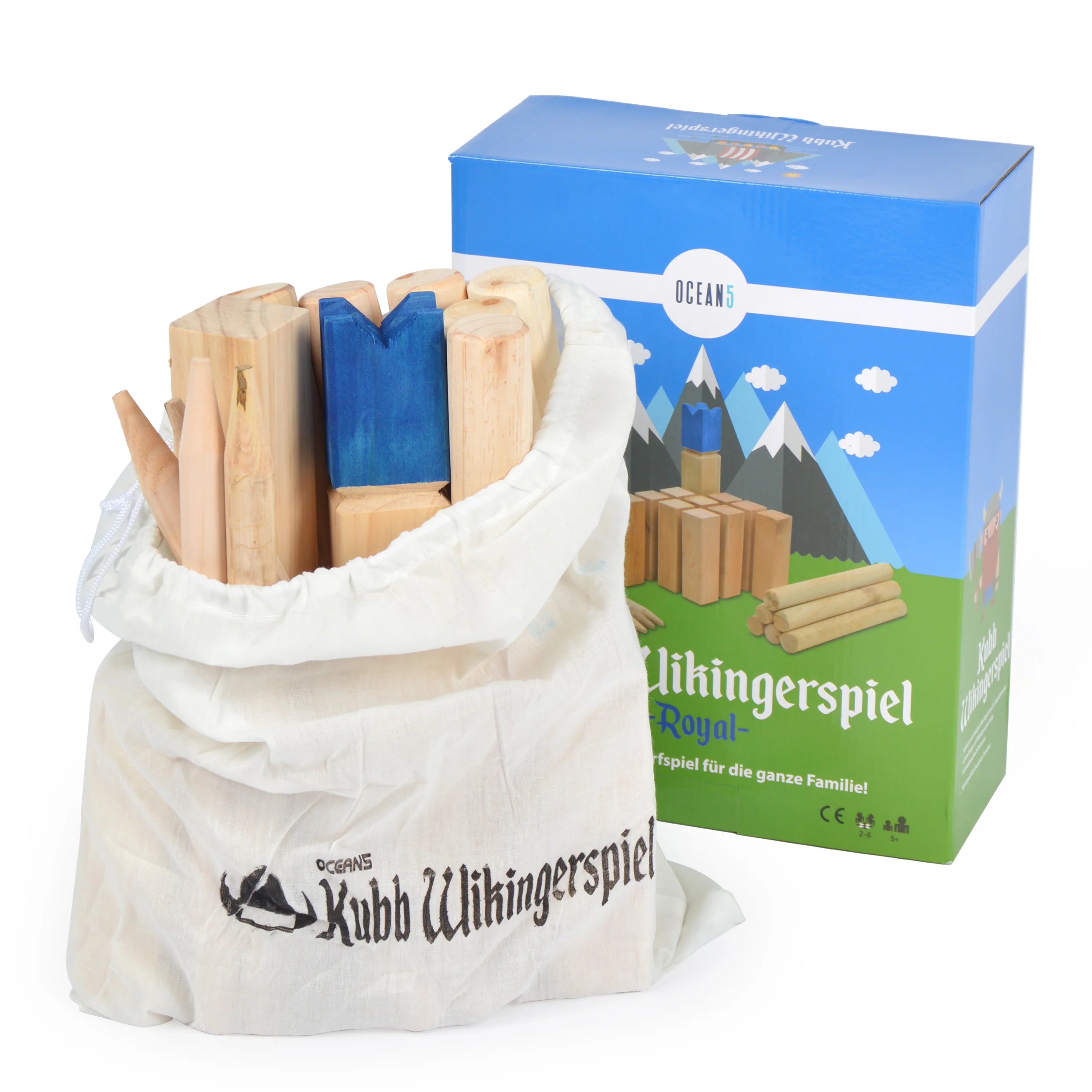 Ocean5 OCEAN5 Kubb - Origineel Viking werpspel, Houten schaak kegels spel Kubb - Blau - 30 x 5,2 cm (H B)