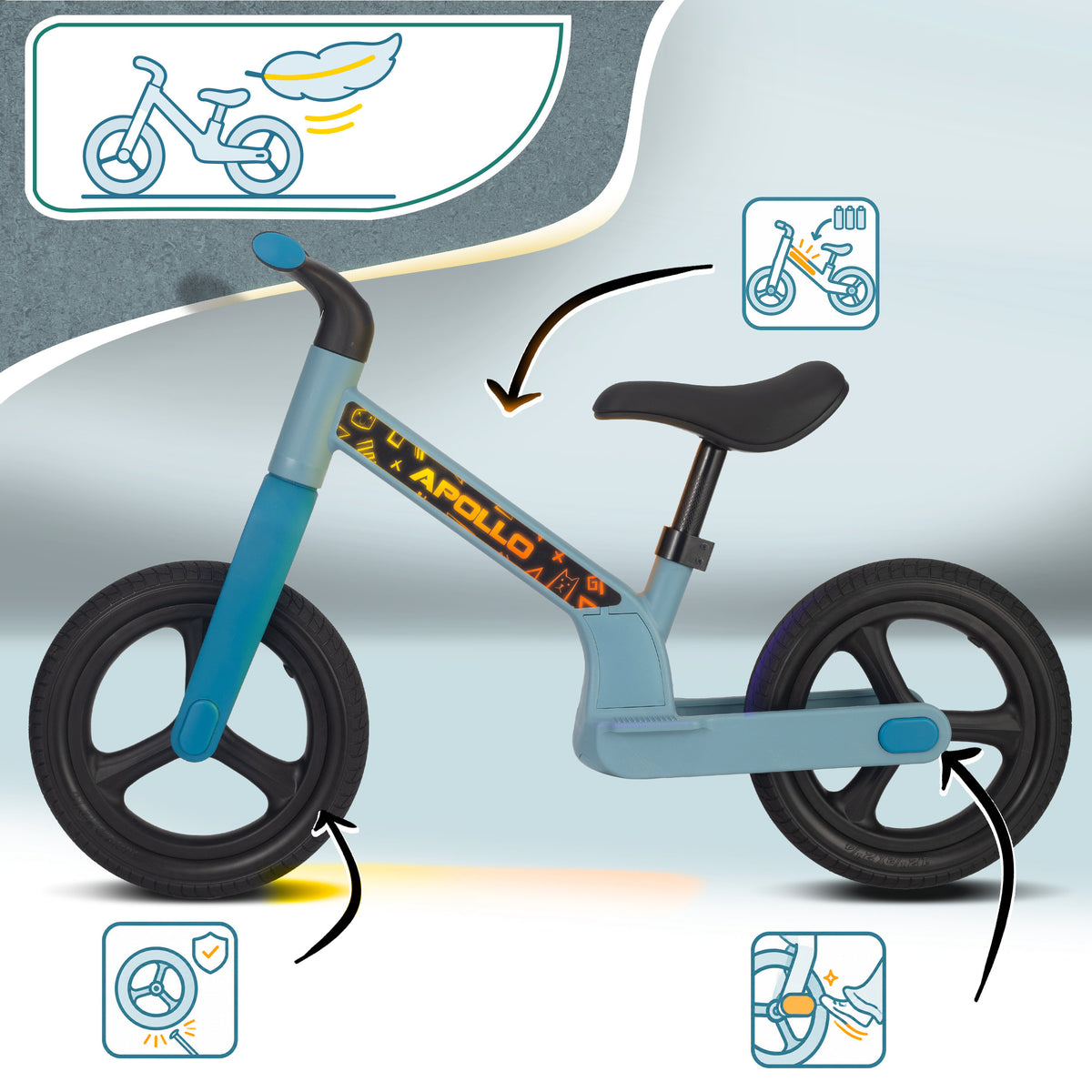 Apollo Funsport Nederland Trailbuddy LED loopfiets voor kinderen vanaf 2 jaar – 12 inch loopfiets met verlichting Blauw