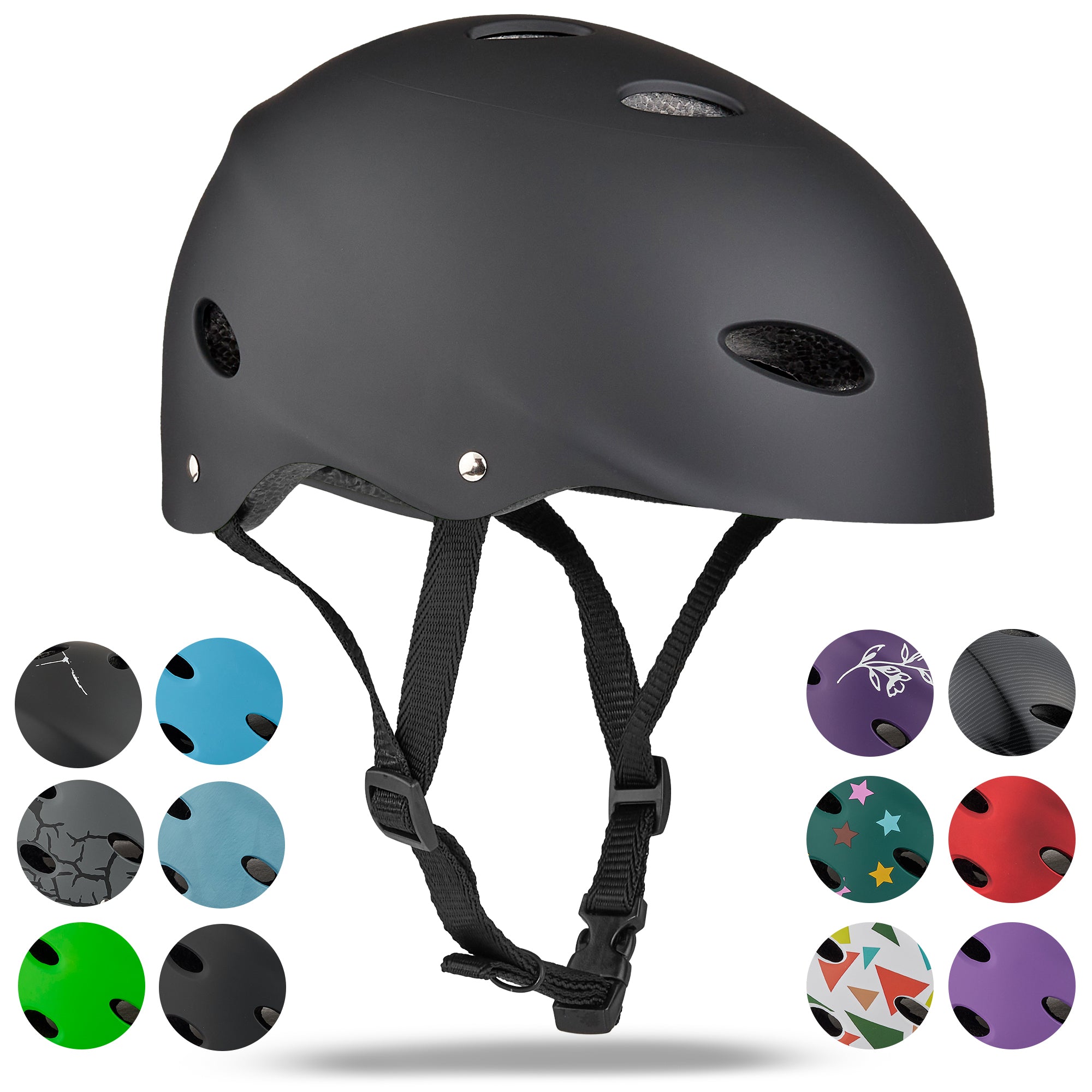 Apollo Skate Helm Fietshelm - Verstelbare Skateboard, Scooter, BMX Helm Zwart