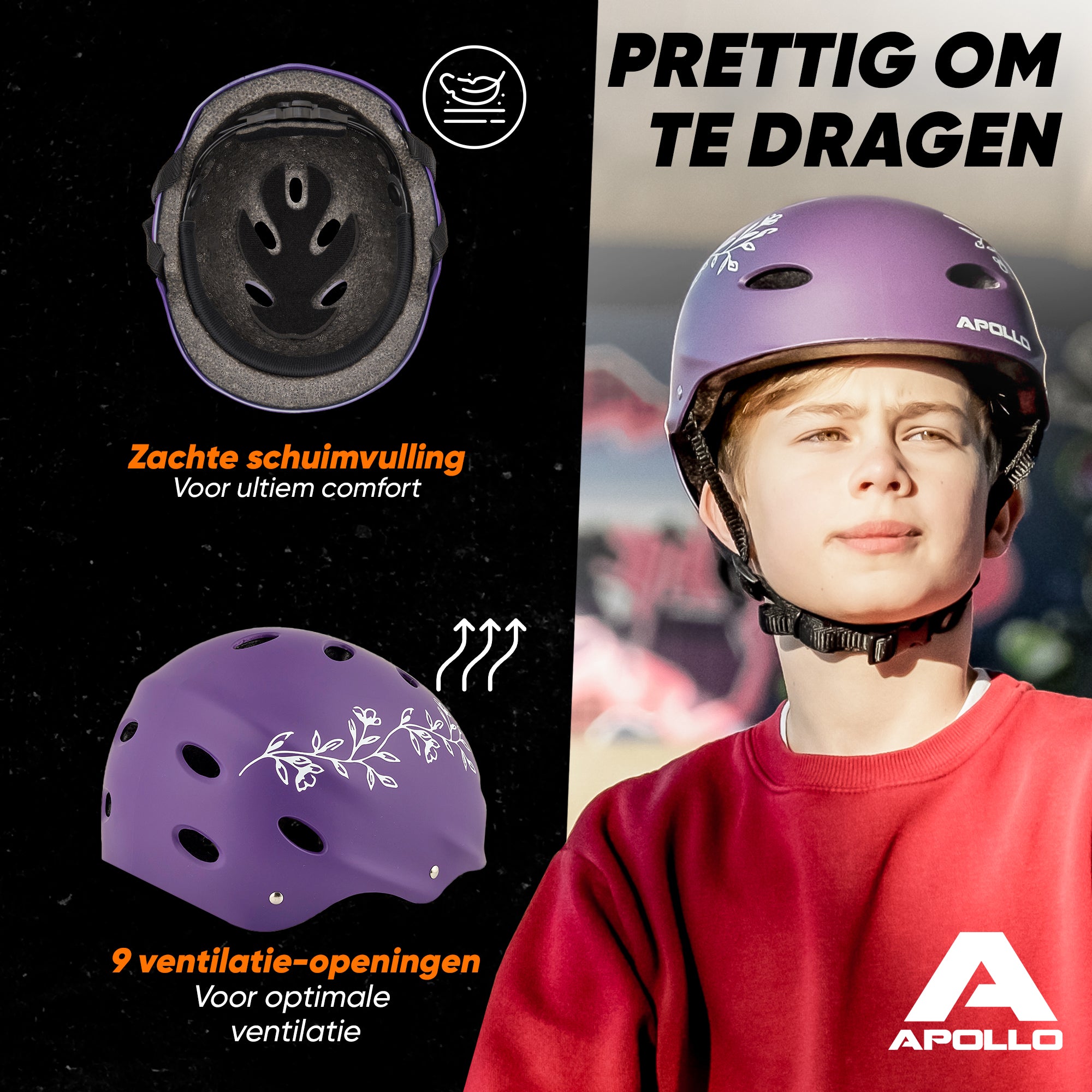 Apollo Skate Helm Fietshelm - Verstelbare Skateboard, Scooter, BMX Helm Purple Flower