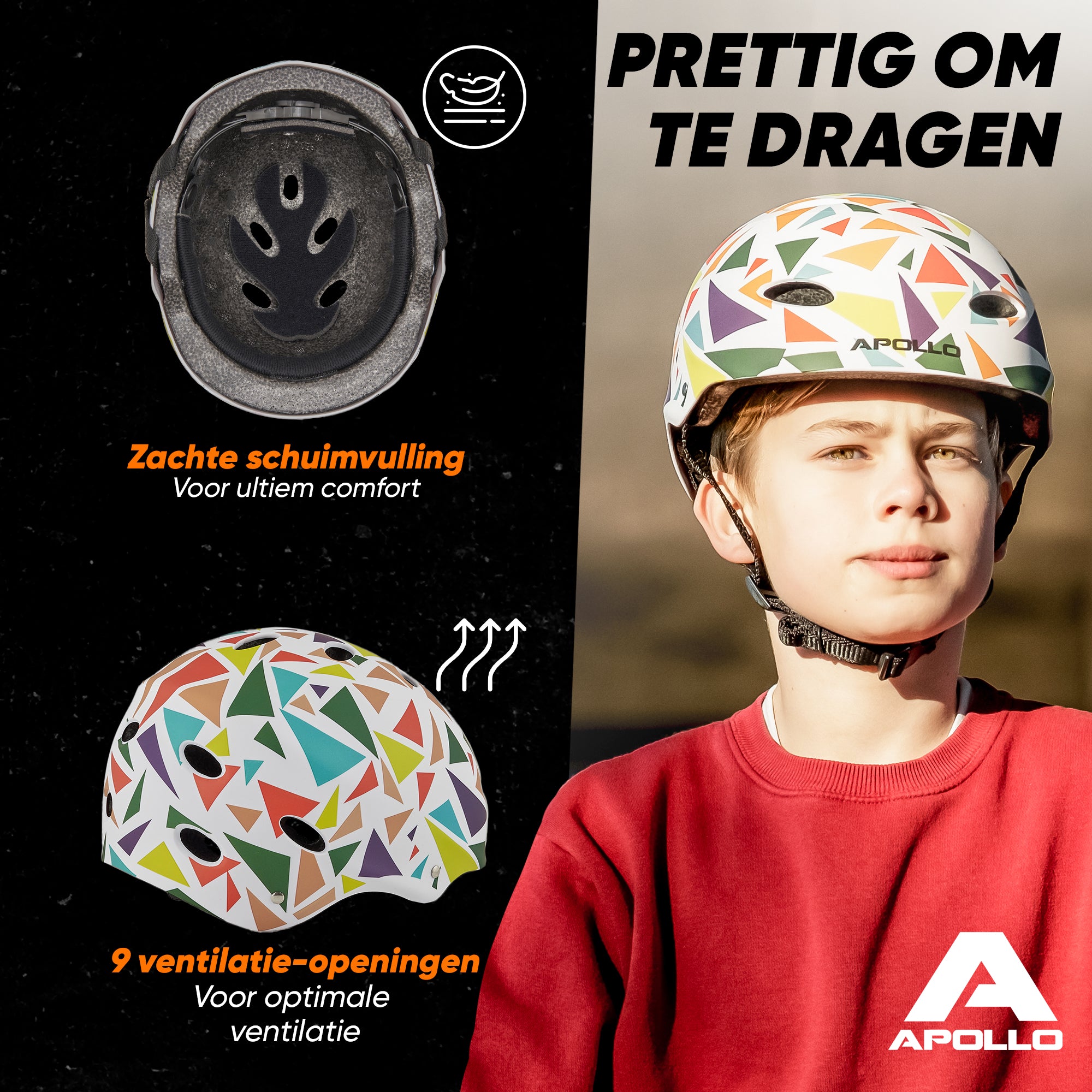 Apollo Skate Helm Fietshelm - Verstelbare Skateboard, Scooter, BMX Helm Triangle