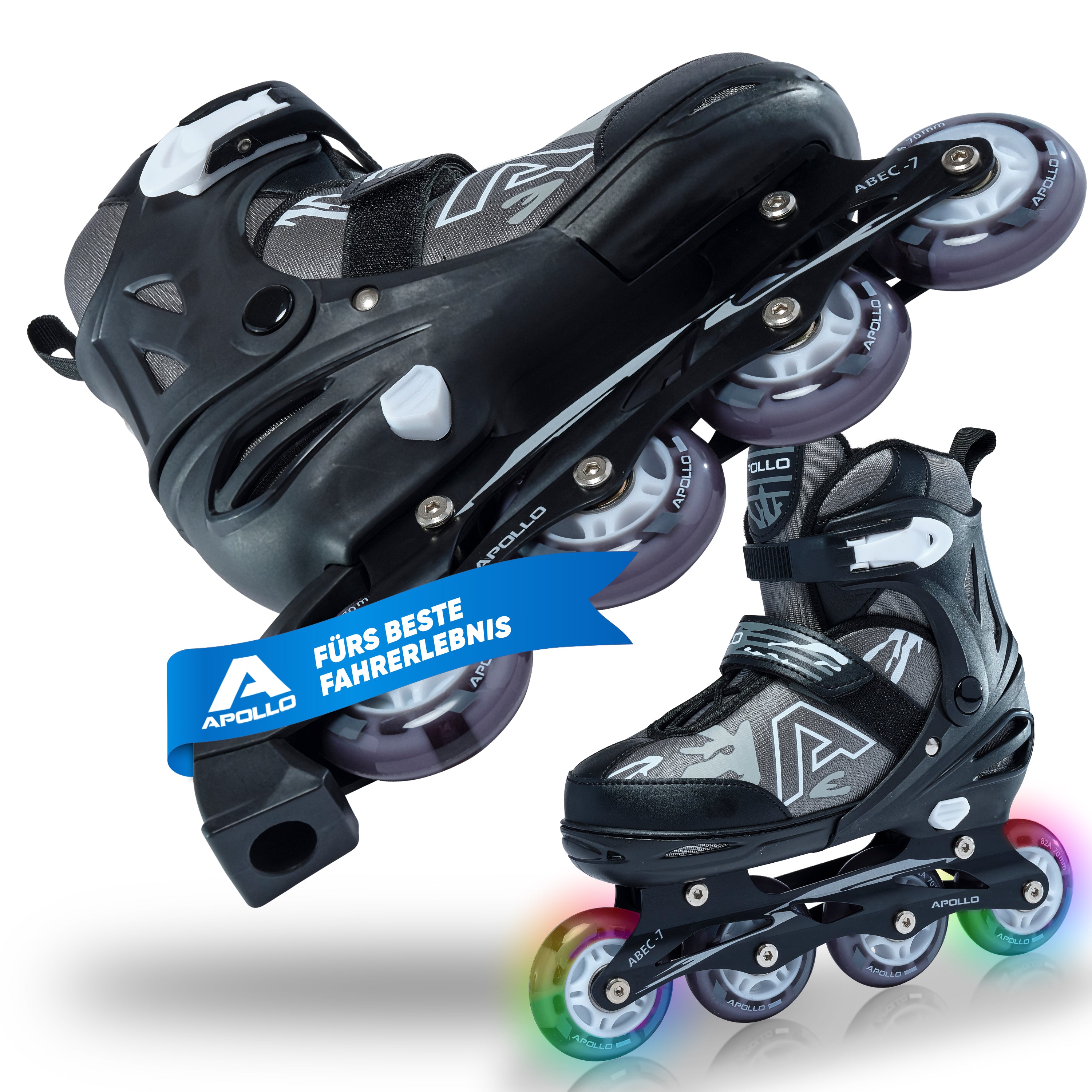 Apollo Champion inline skates in maat verstelbare met LED-wielen, Zwart L (39-42)