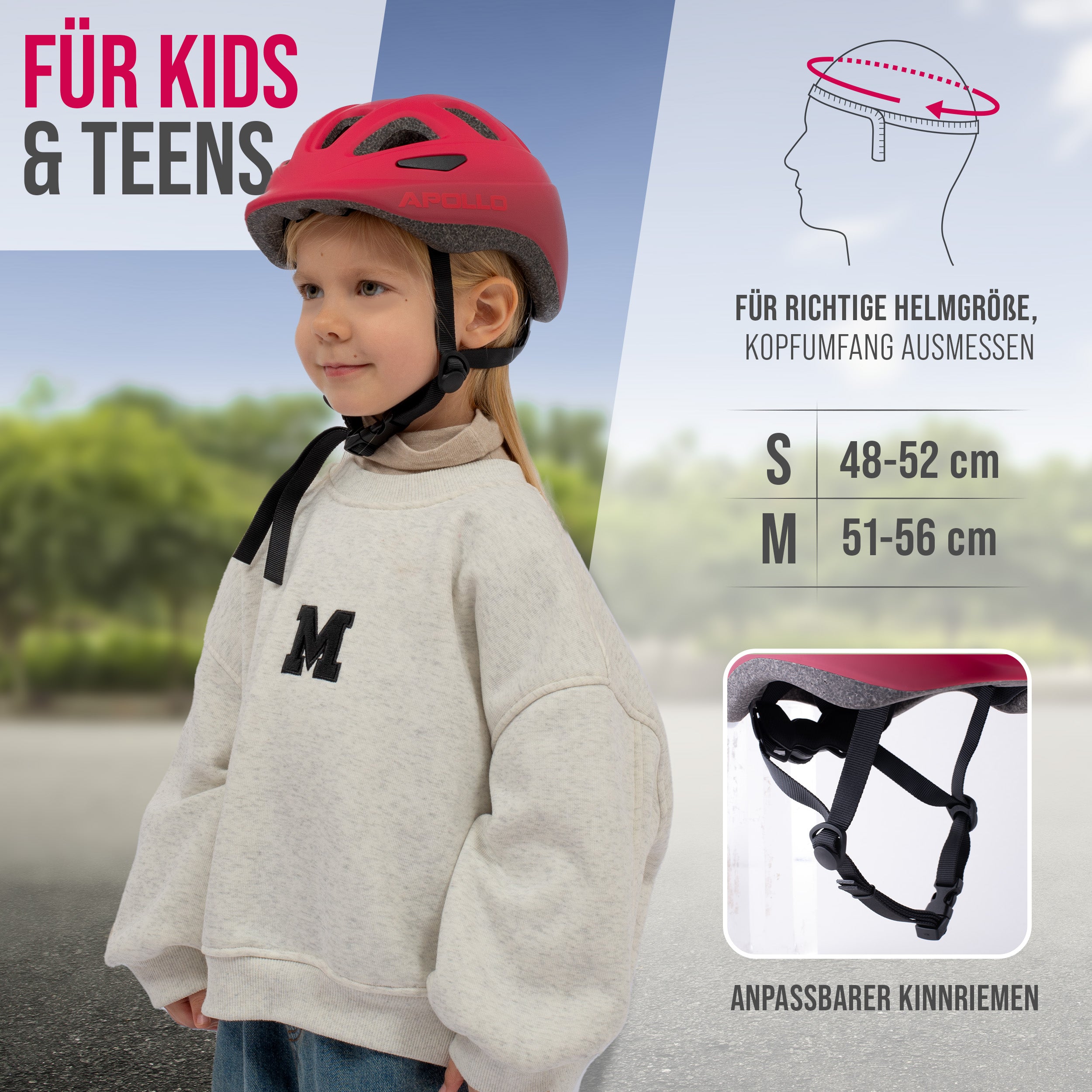 Apollo AKZEPTABEL Apollo Kinder Fahrradhelm, Helm für Kinder & Jugendliche, Multisport Helm - Red Fade - M (51-56 cm)