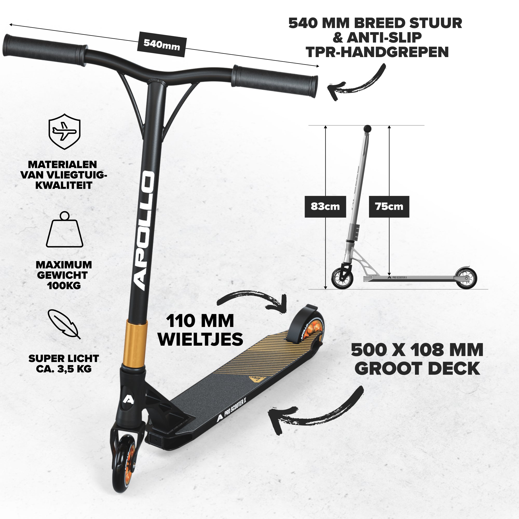Apollo High-End Stunt Scooter 'Genesis' Stuntstep met aluminium kern & ABEC 9 Goud