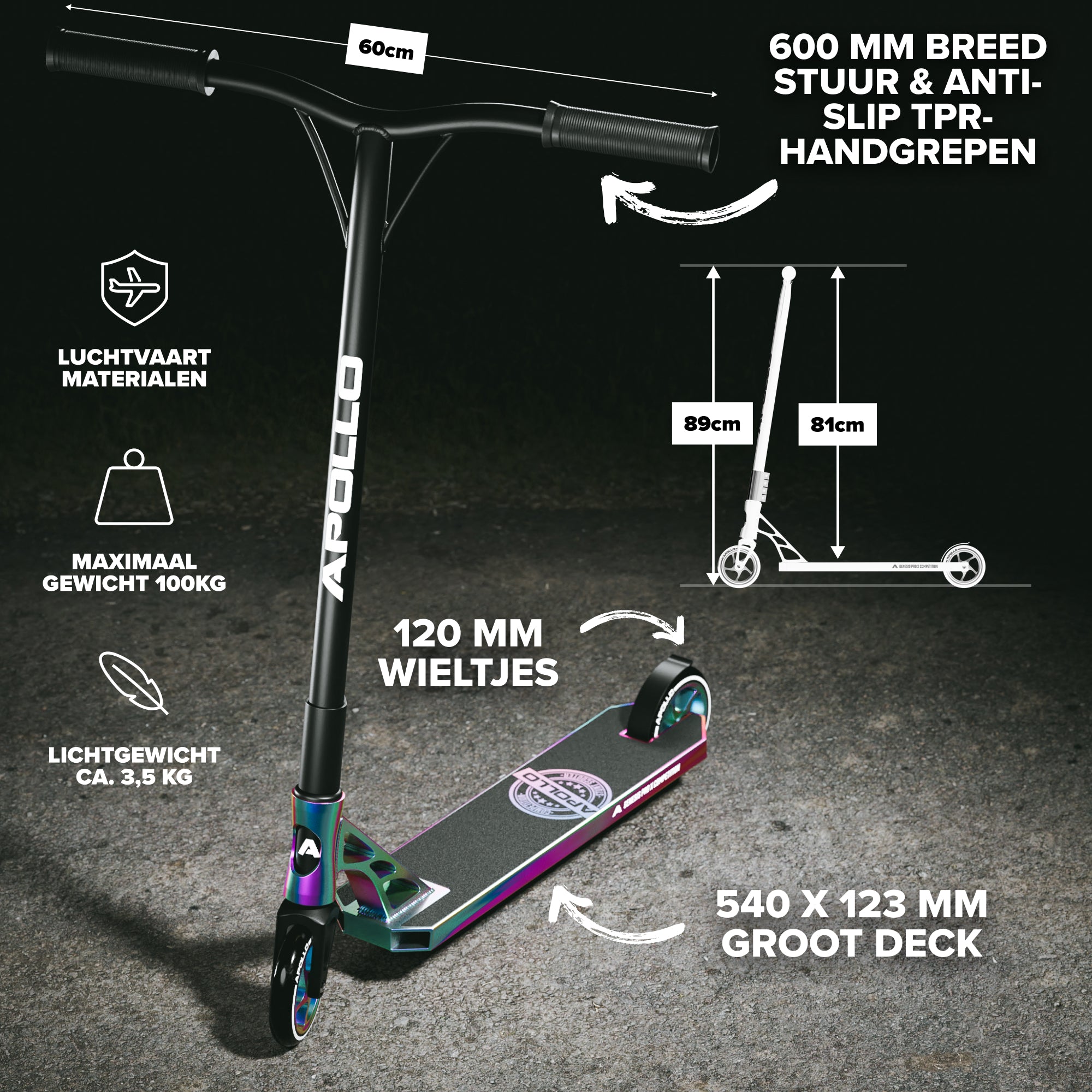 Apollo Professionele Stuntstep 'Genesis Pro X Competition' met ABEC 9 hogesnelheidskogellagers Regenboog