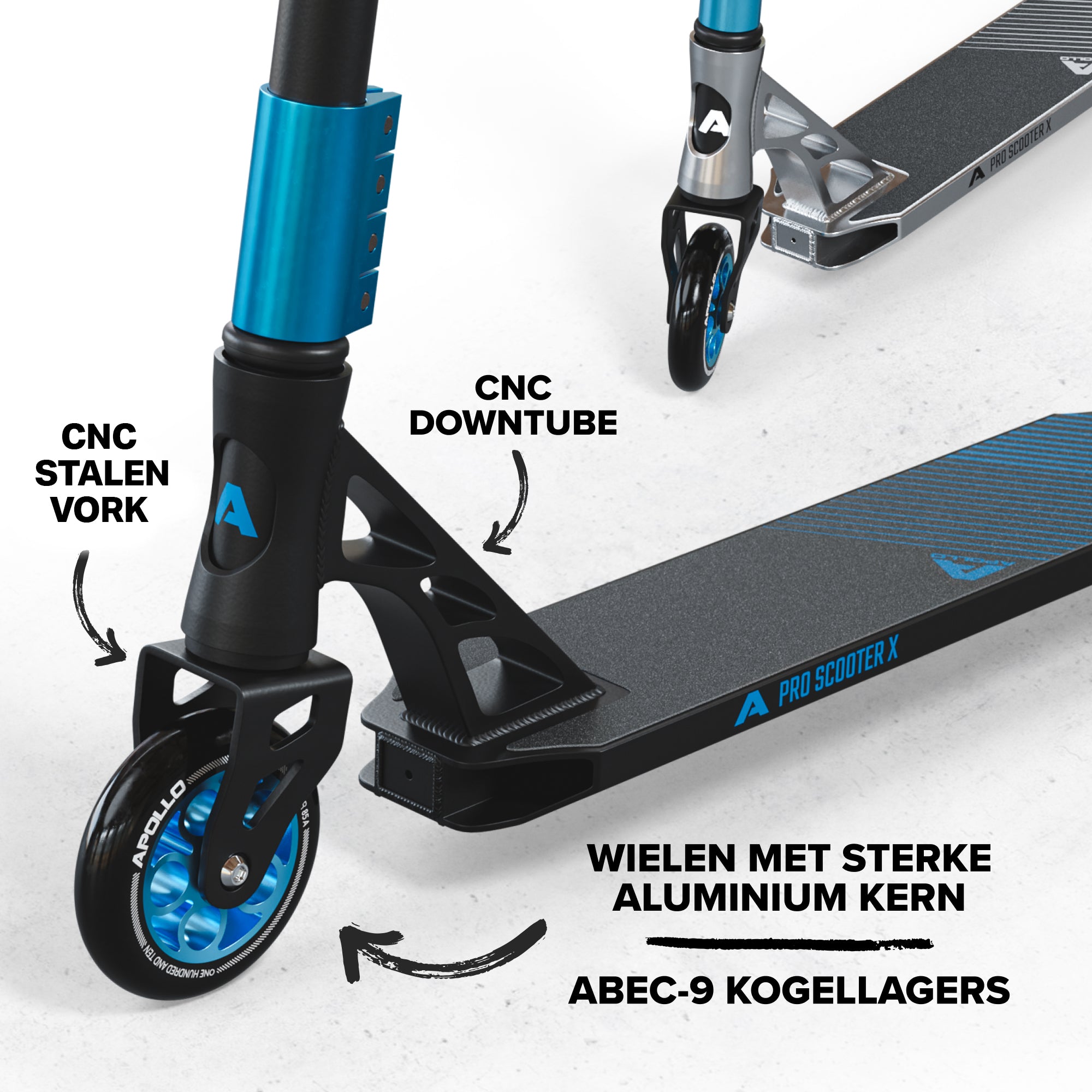 Apollo High-End Stunt Scooter Genesis Pro X Stuntstep met aluminium kern & ABEC 9 Zwart Blauw