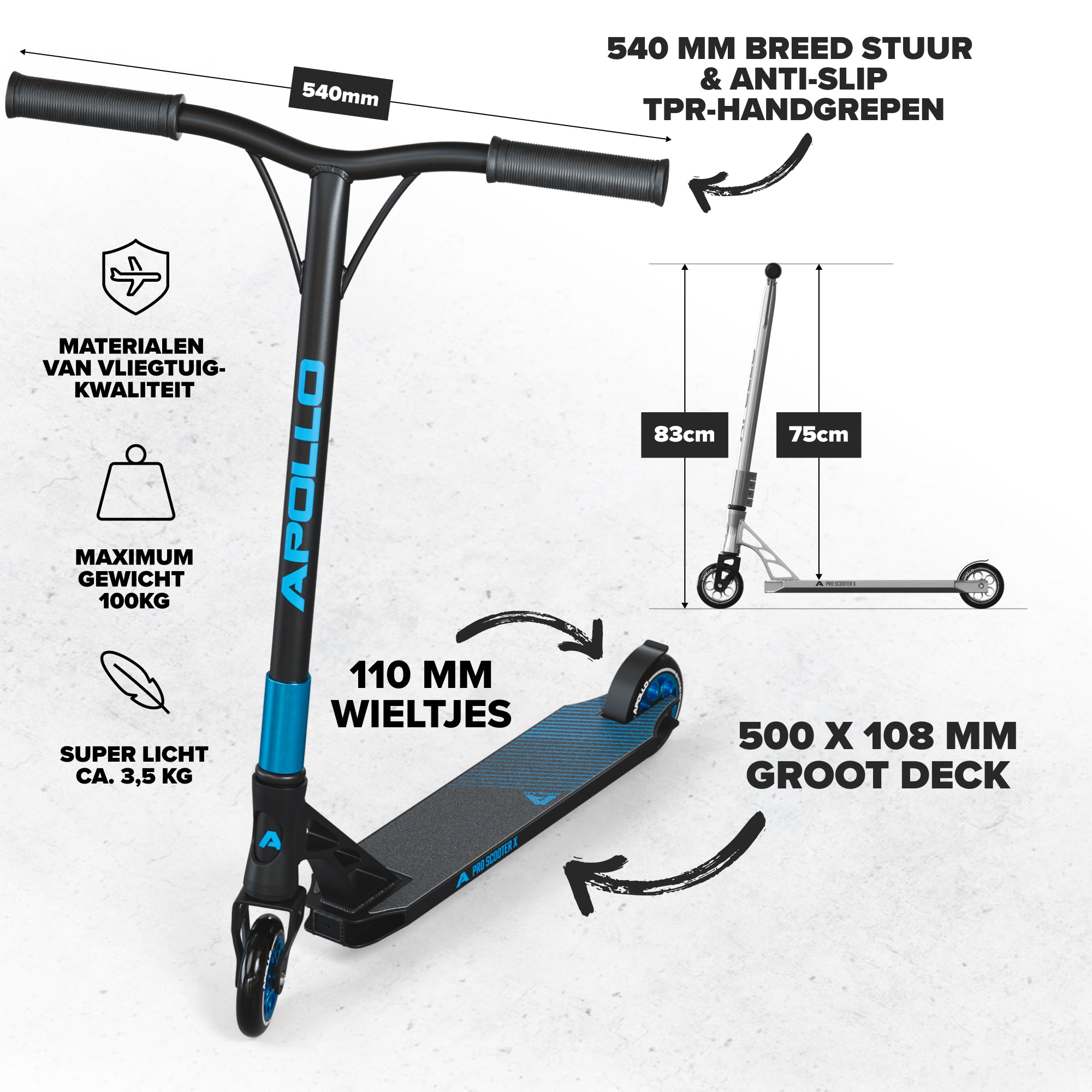 Apollo High-End Stunt Scooter Genesis Pro X Stuntstep met aluminium kern & ABEC 9 Zwart Blauw