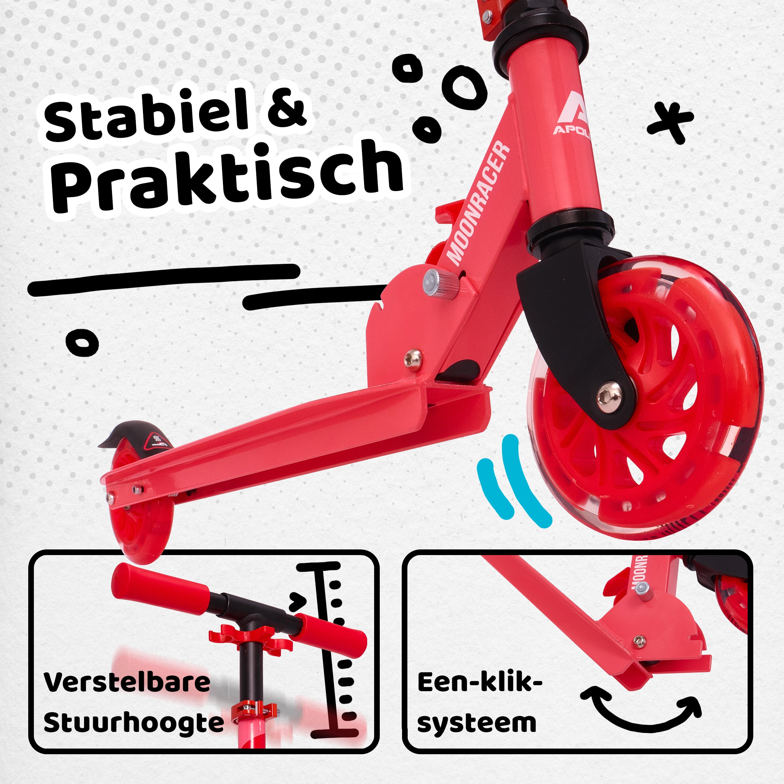 Apollo Kinderscooter 'Moonracer' LED-step met Vering Rood