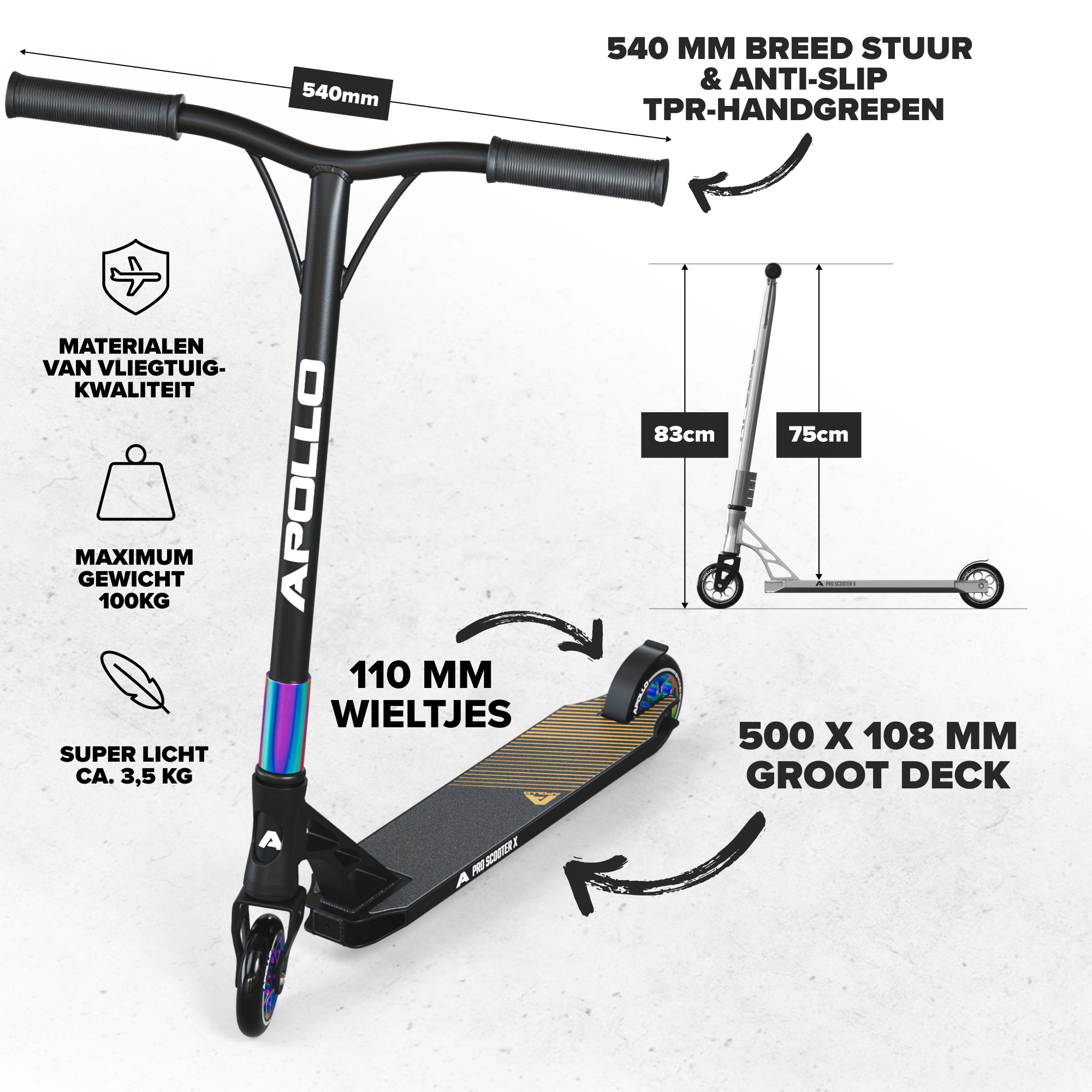 Apollo High-End Stunt Scooter Genesis Pro X Stuntstep met aluminium kern & ABEC 9 Rainbow