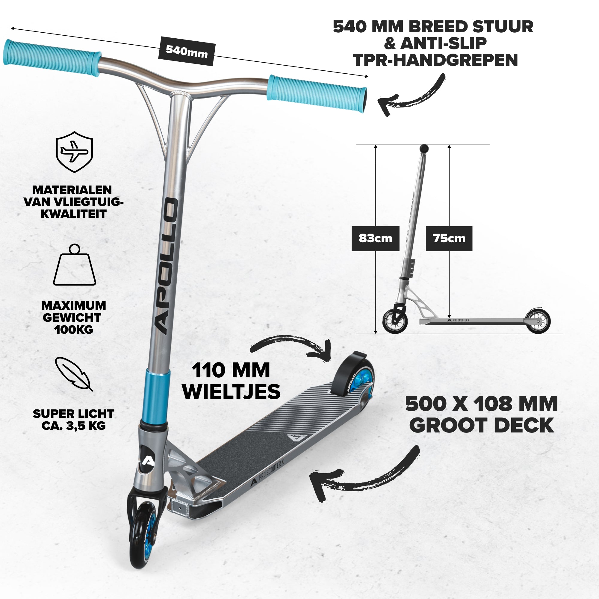 Apollo High-End Stunt Scooter 'Genesis' Stuntstep met aluminium kern & ABEC 9 Zilver