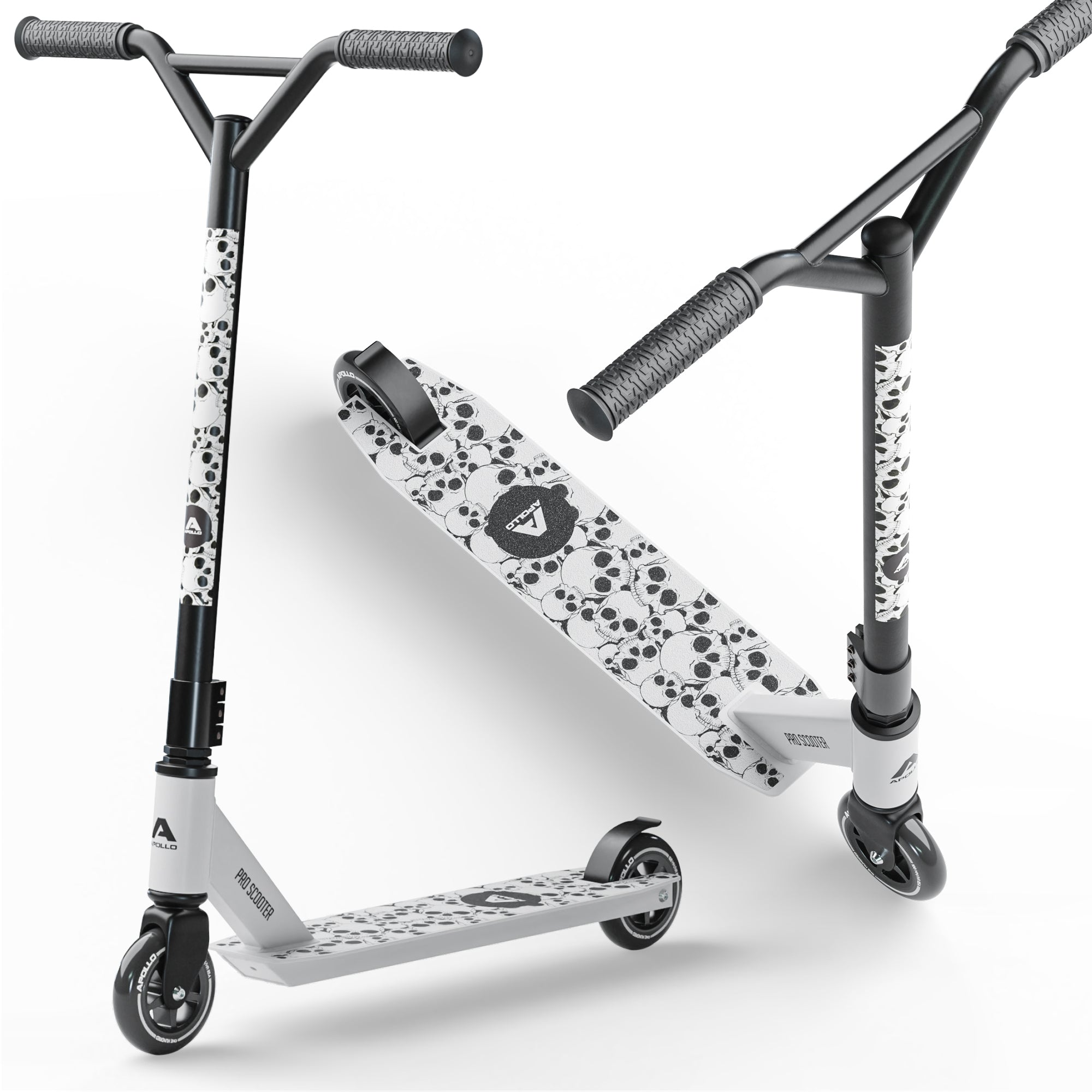 Apollo Stunt Scooter 'Genius Pro' hoogwaardige stuntstep met ABEC 9 kogellagers White Skull
