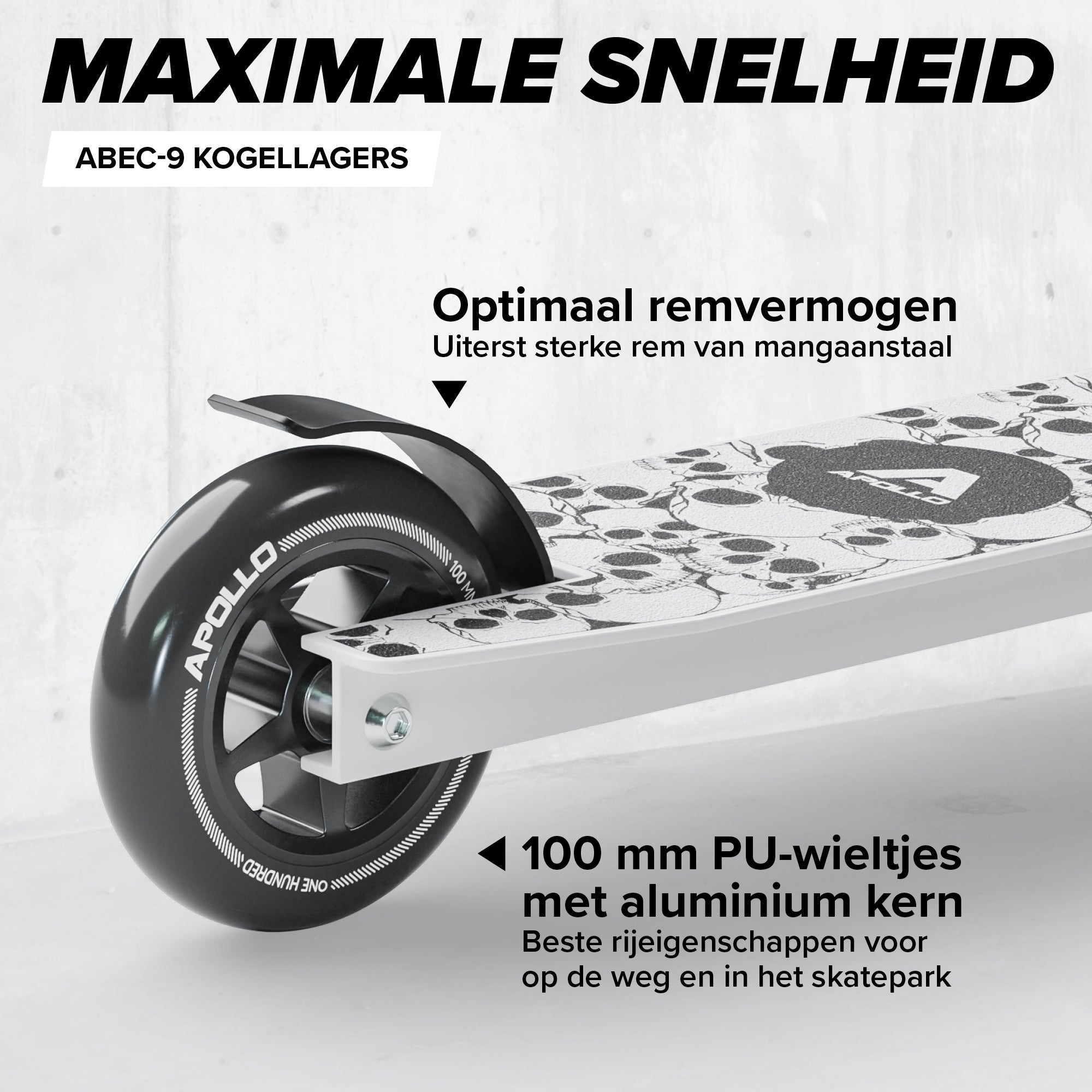 Apollo Stunt Scooter 'Genius Pro' hoogwaardige stuntstep met ABEC 9 kogellagers White Skull