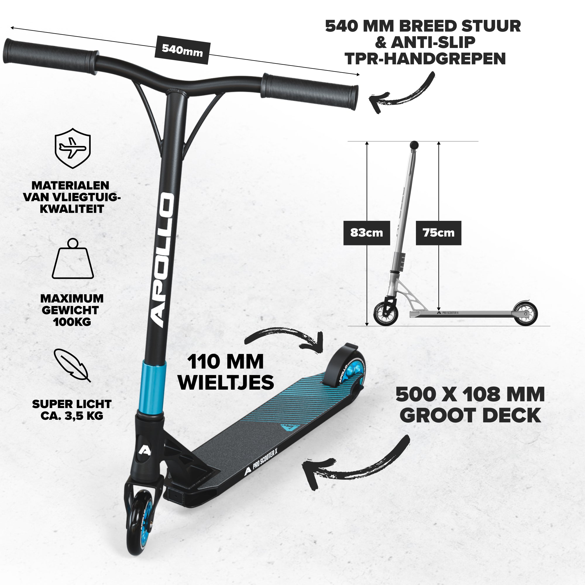Apollo High-End Stunt Scooter Genesis Pro X Stuntstep met aluminium kern & ABEC 9 Zwart Mint