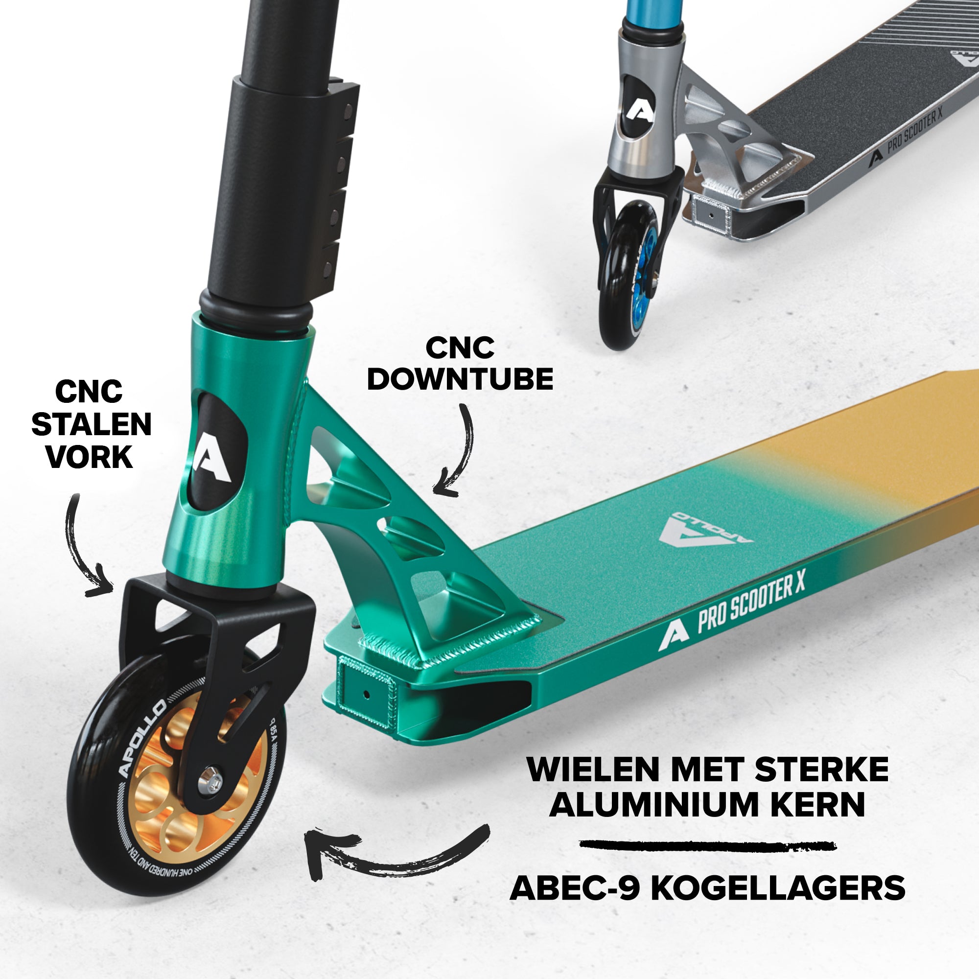 Apollo High-End Stunt Scooter Genesis Pro X Stuntstep met aluminium kern & ABEC 9 Turquoise Goud