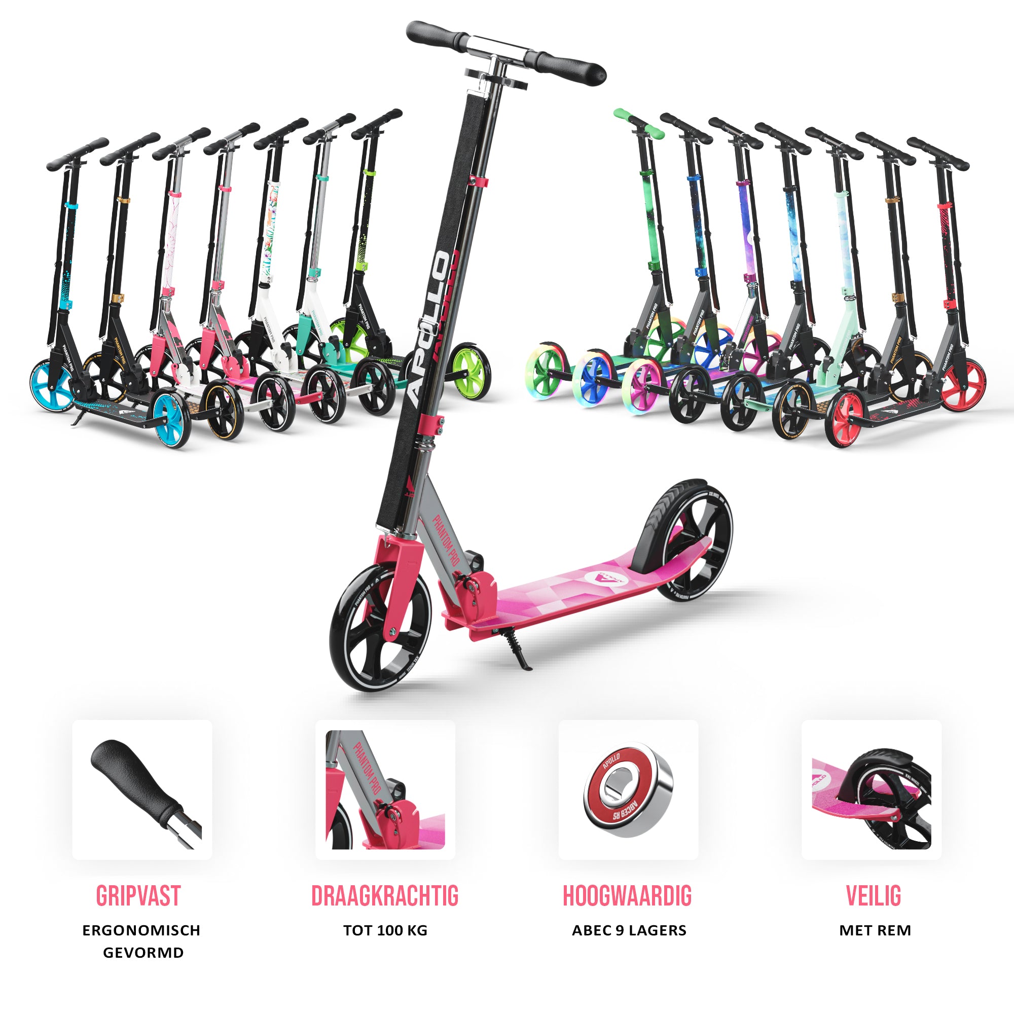 Apollo Klappbarer City Roller für Kinder "Phantom" höhenverstellbarer Tretroller Pink Silber