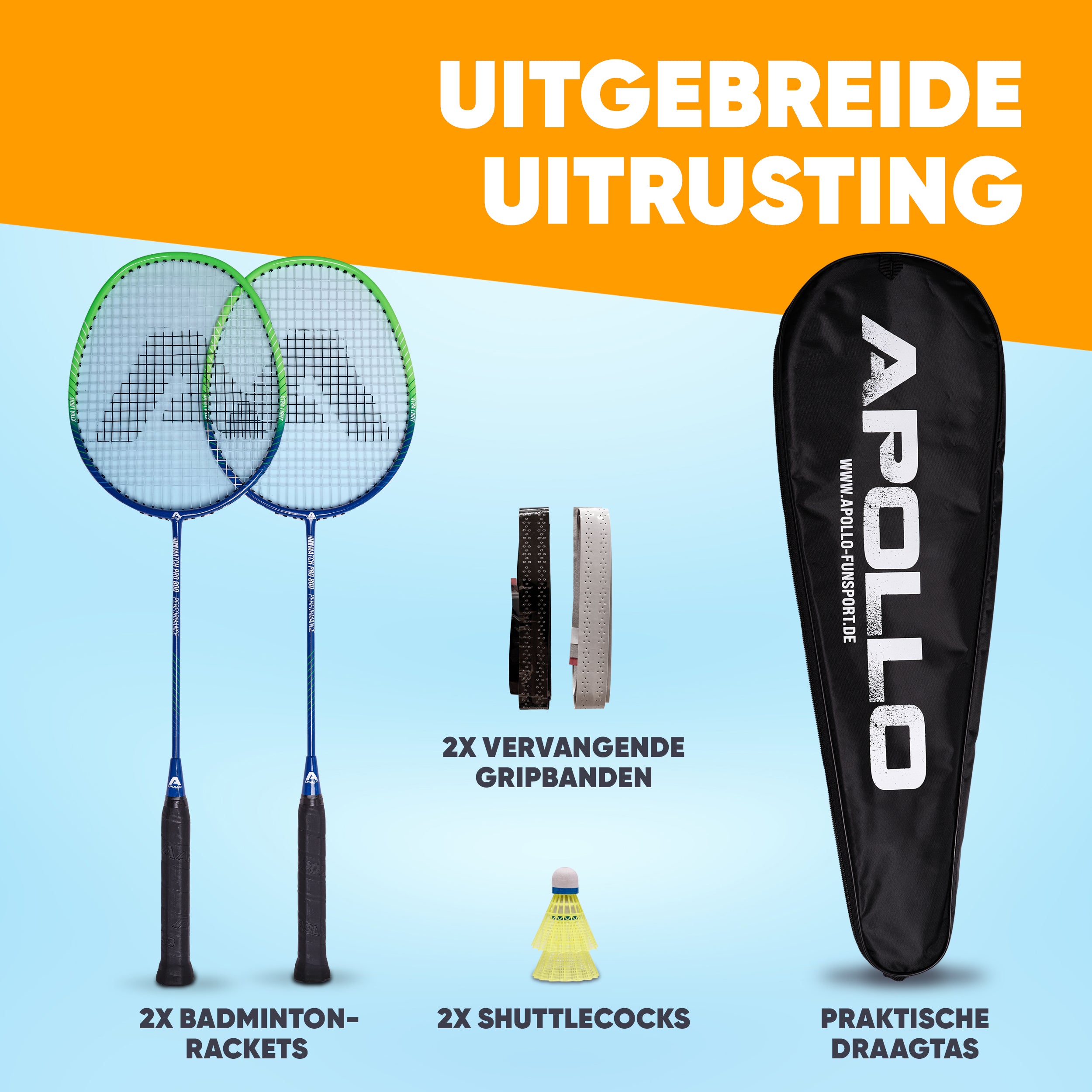 Apollo Badmintonset Match Pro 800 – inclusief tas, 2 rackets, shuttles Blauw Groen