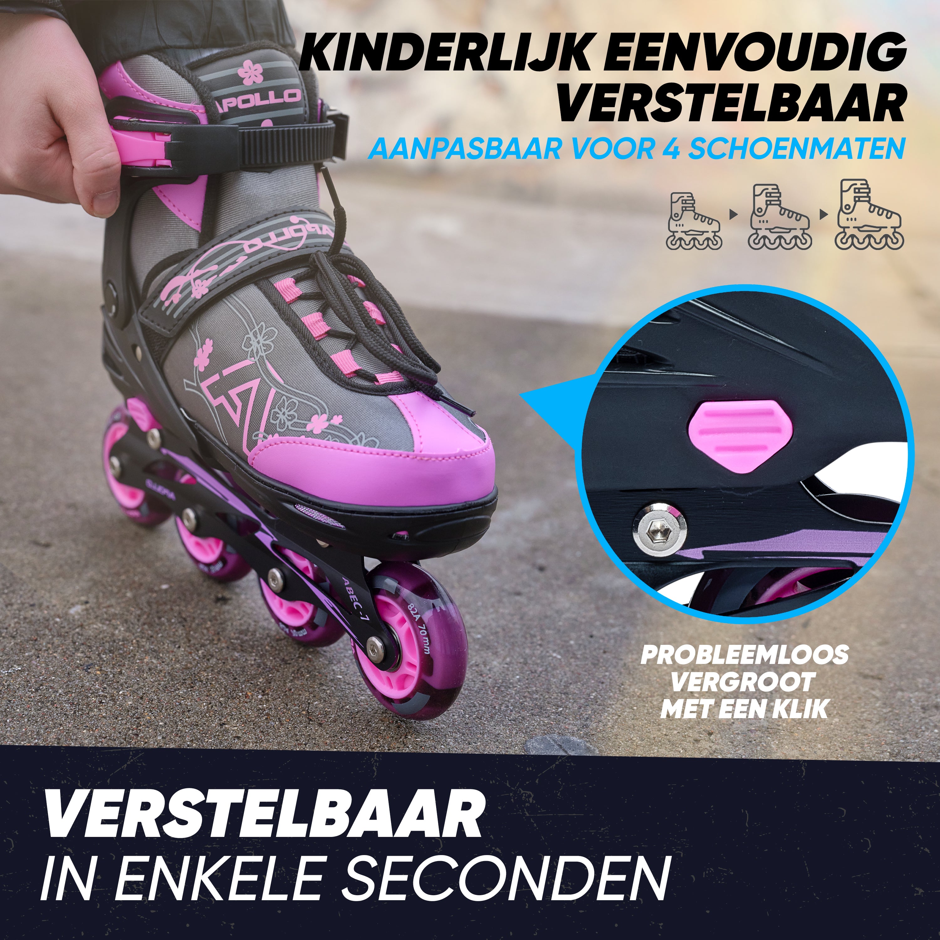 Apollo Champion inline skates in maat verstelbare met LED-wielen, Roze L (39-42)