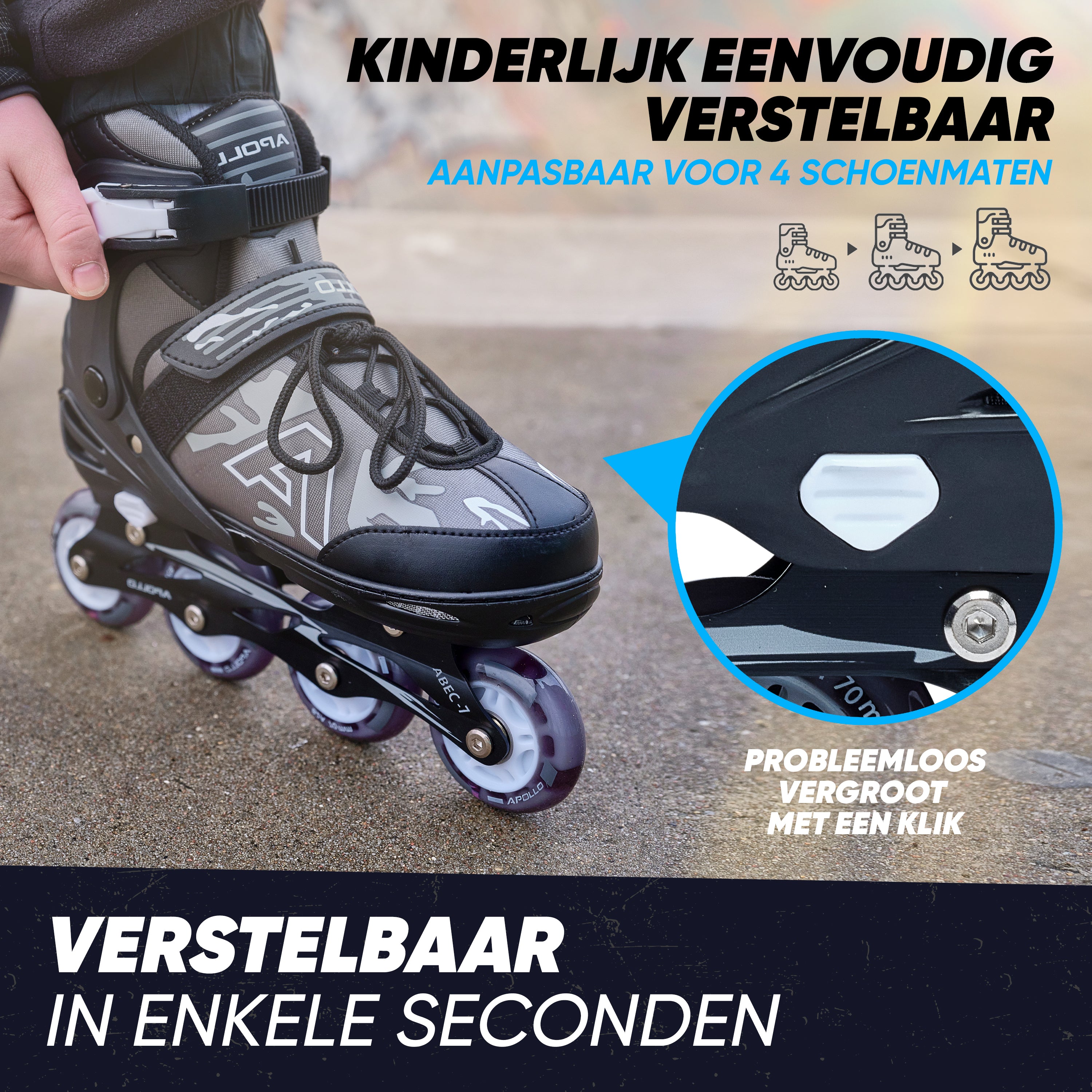 Apollo Champion inline skates in maat verstelbare met LED-wielen, Zwart L (39-42)
