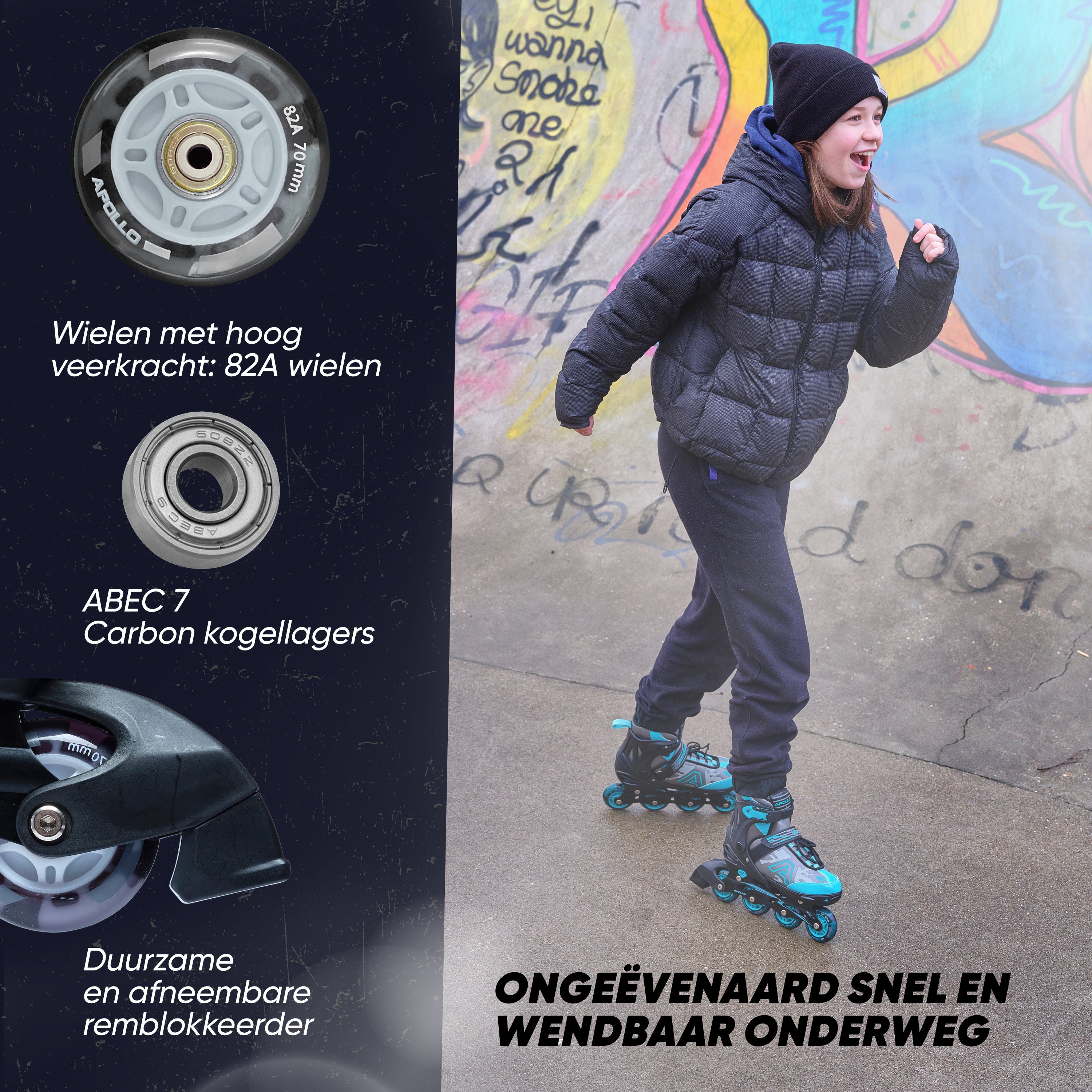 Apollo Champion inline skates in maat verstelbare met LED-wielen, Zwart L (39-42)