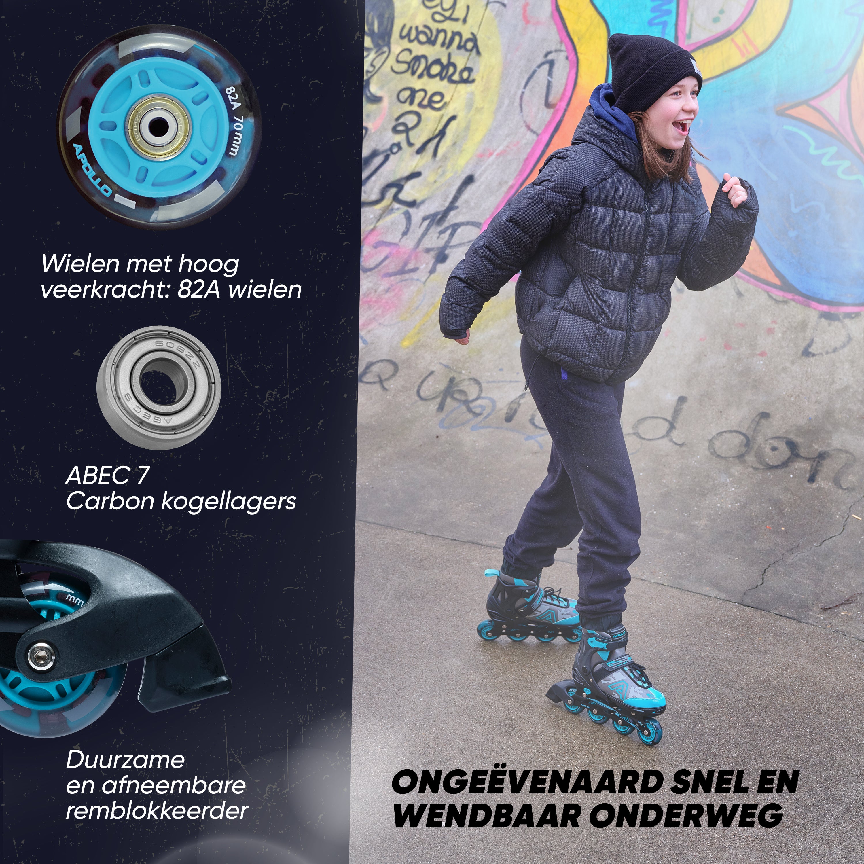 Apollo Champion inline skates in maat verstelbare met LED-wielen, Mint L (39-42)