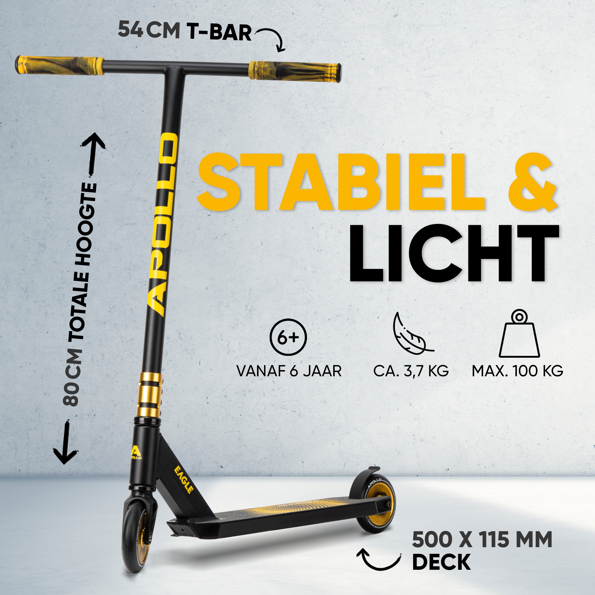 Apollo Stuntstep 'Eagle' - geanodiseerde professionele stuntstep met ABEC9 lagers Zwart Goud