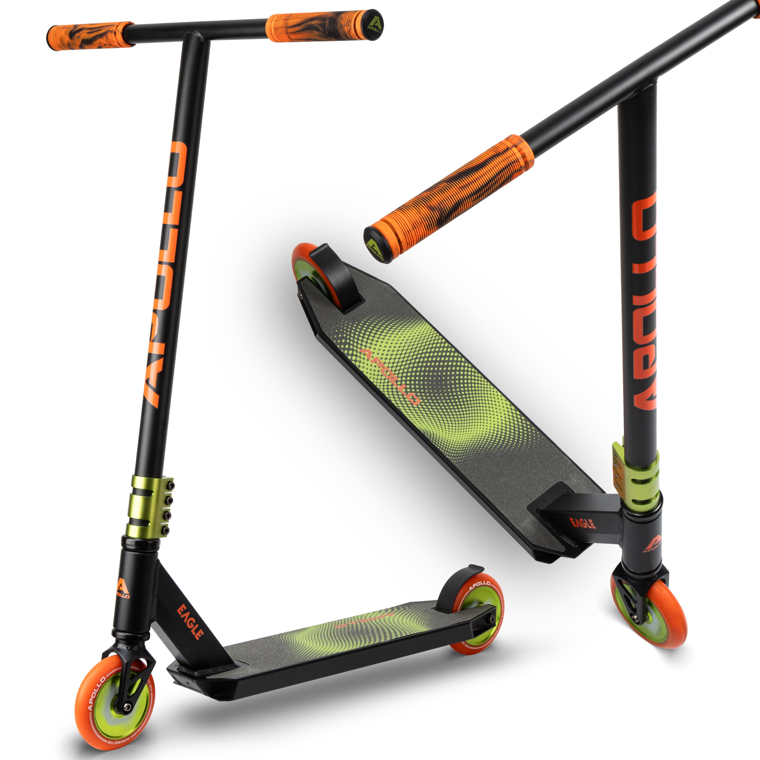 Apollo Stuntstep 'Eagle' - geanodiseerde professionele stuntstep met ABEC9 lagers Zwart Groen Oranje