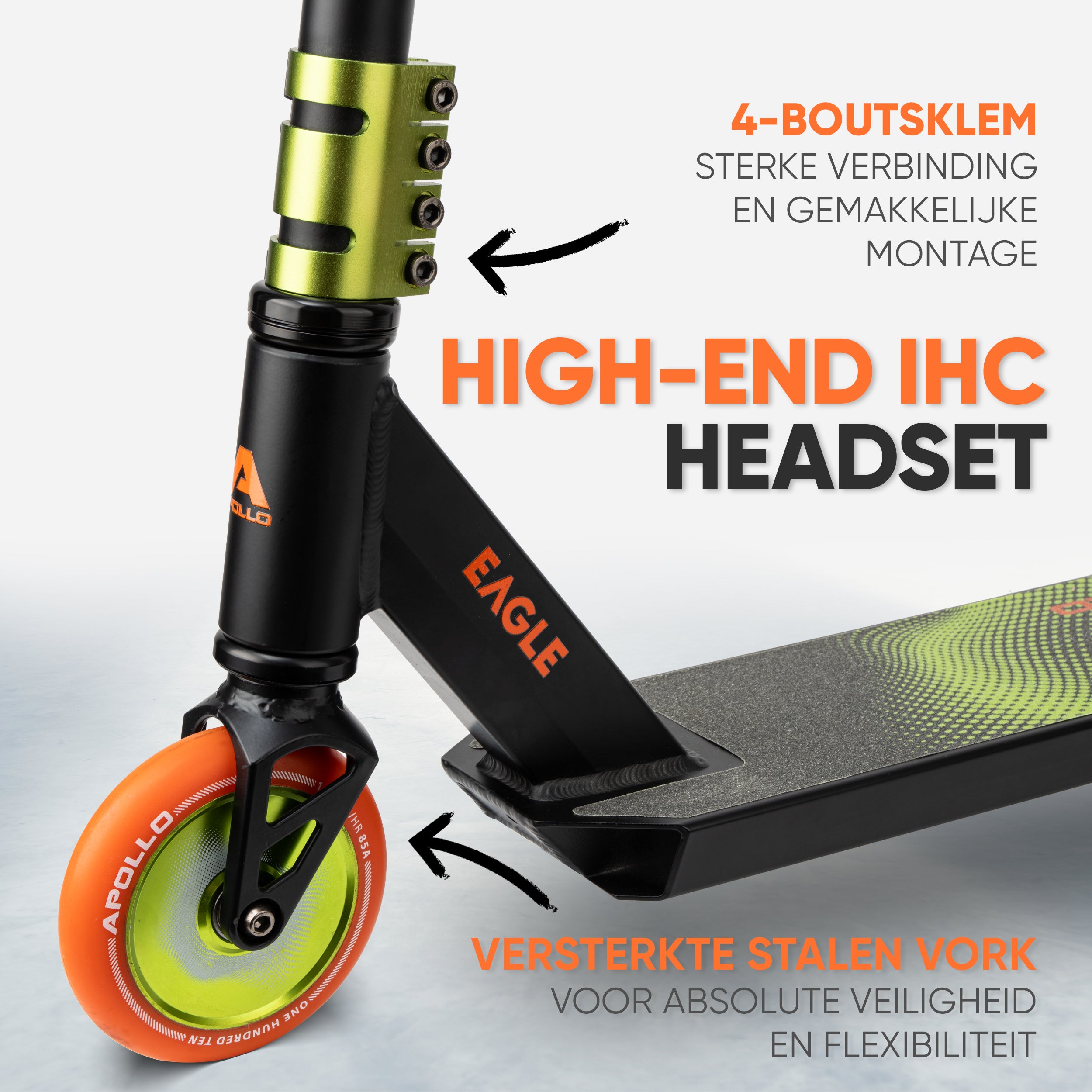Apollo Stuntstep 'Eagle' - geanodiseerde professionele stuntstep met ABEC9 lagers Zwart Groen Oranje