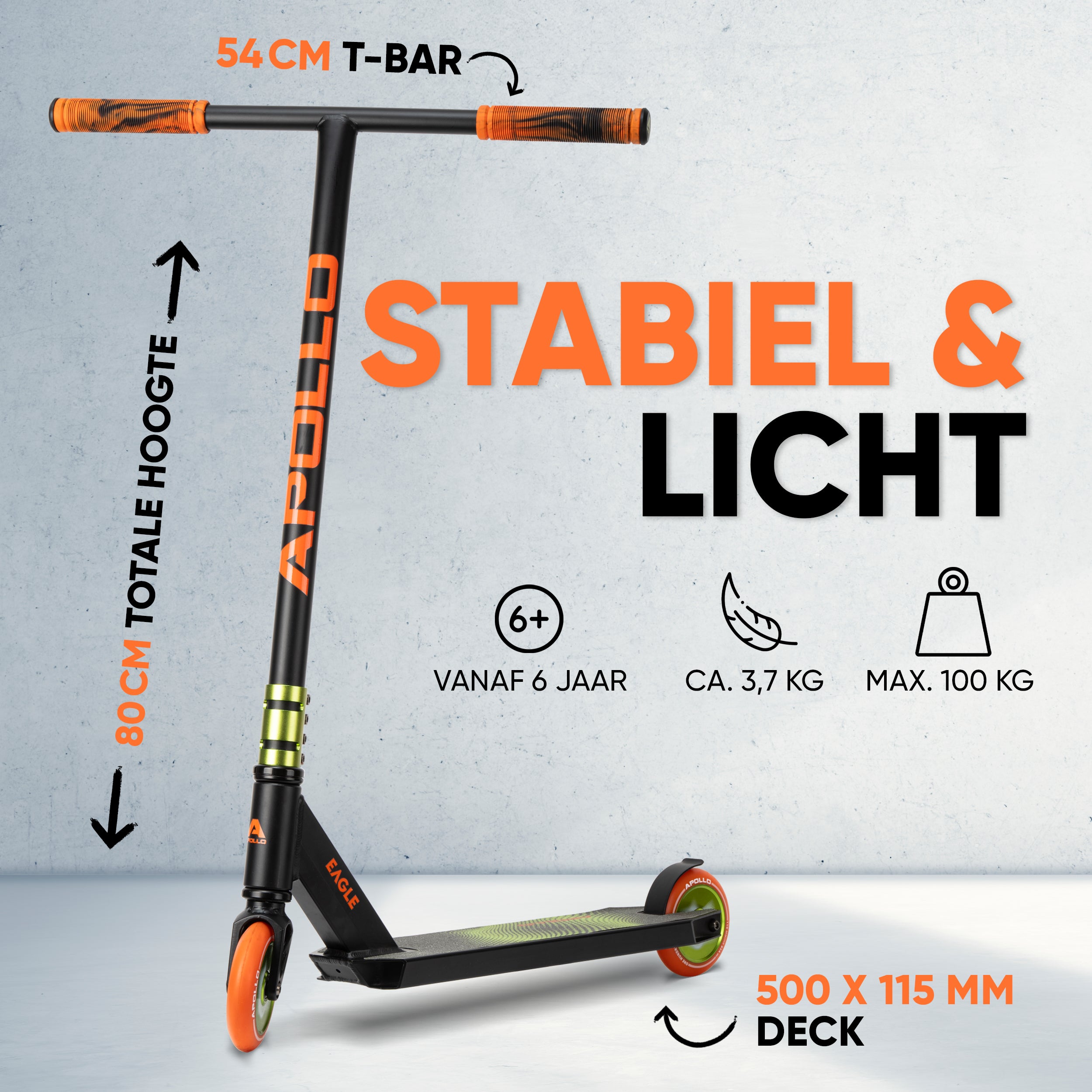 Apollo Stuntstep 'Eagle' - geanodiseerde professionele stuntstep met ABEC9 lagers Zwart Groen Oranje
