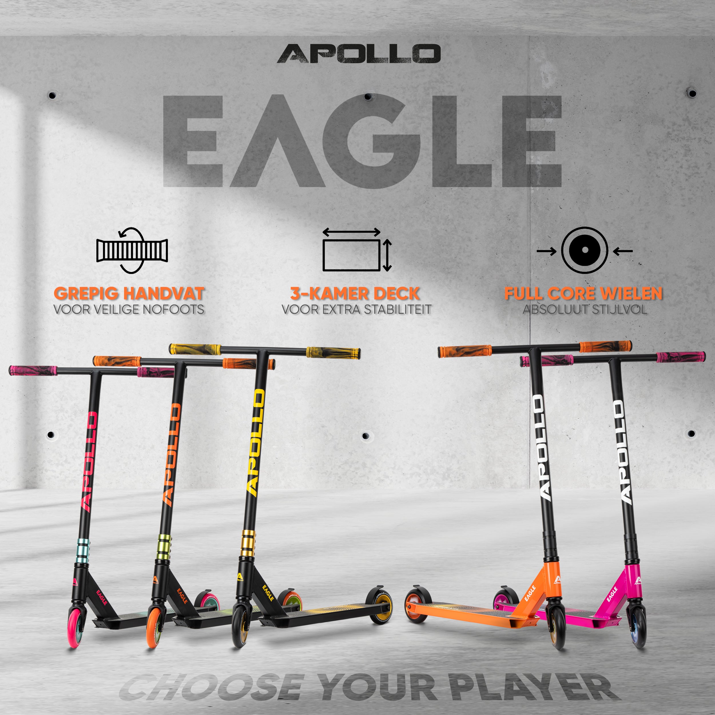 Apollo Stuntstep 'Eagle' - geanodiseerde professionele stuntstep met ABEC9 lagers Zwart Groen Oranje