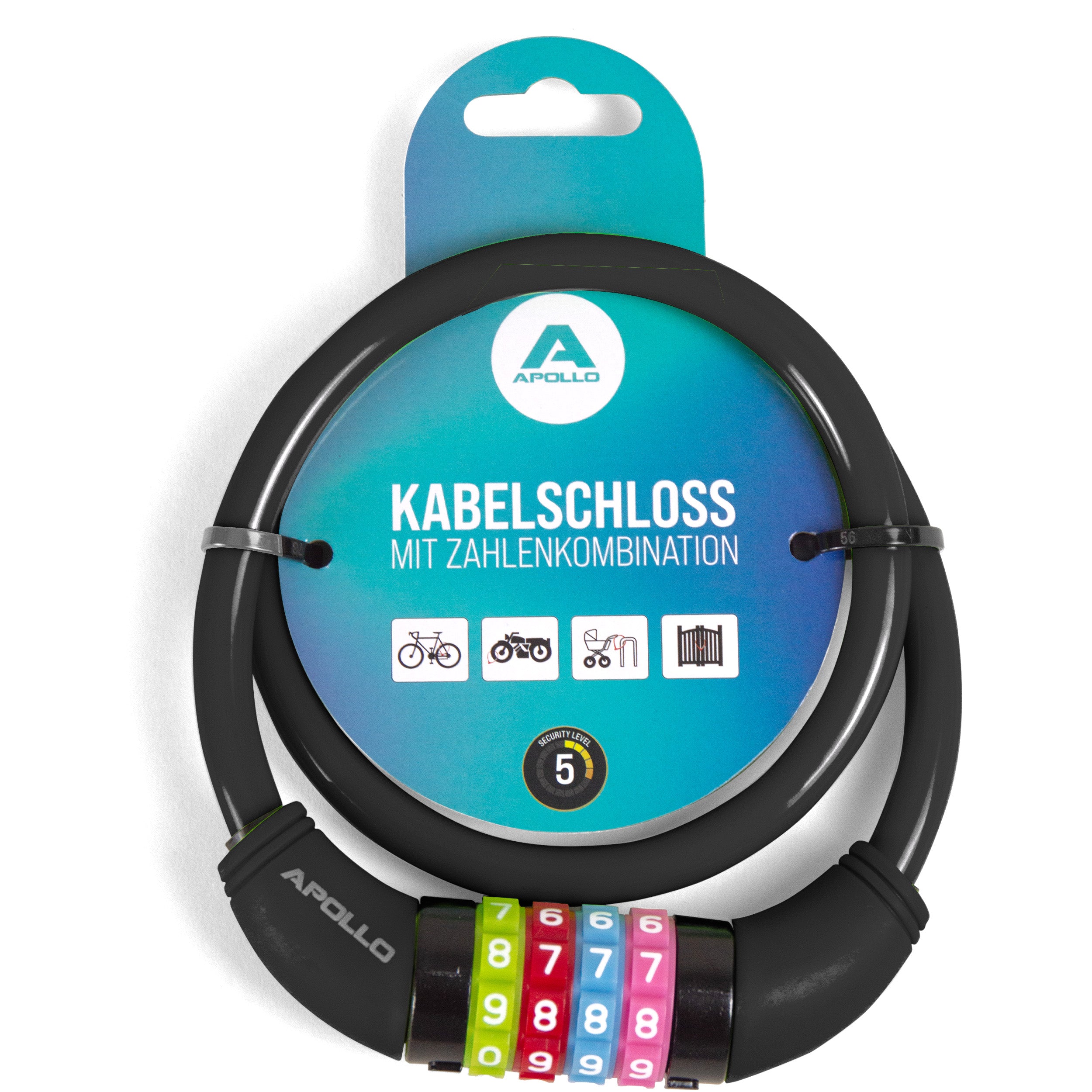 Apollo Fietsslot met cijfers voor kinderen, 10x650 mm, scooterslot, cijferslot Zwart