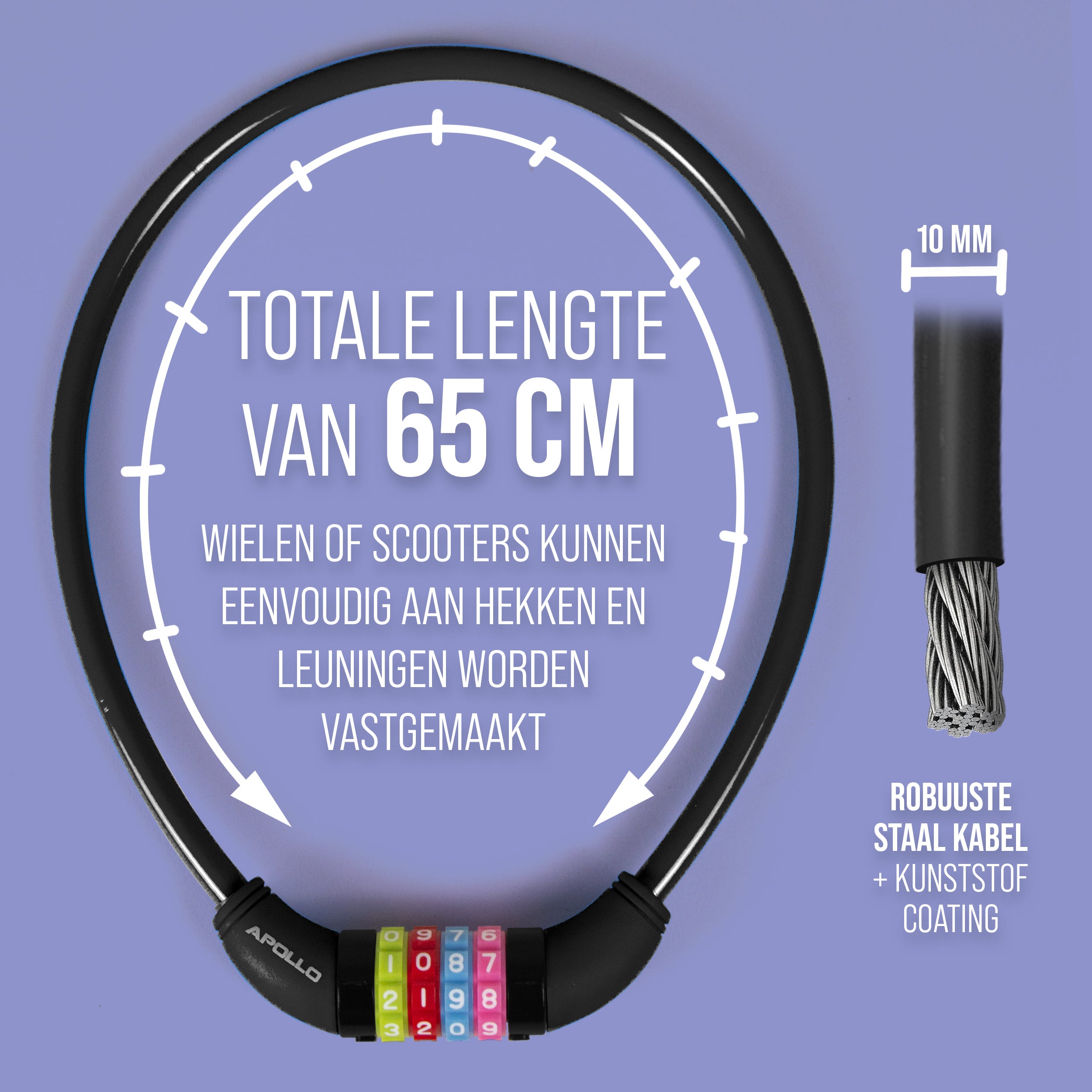 Apollo Fietsslot met cijfers voor kinderen, 10x650 mm, scooterslot, cijferslot Zwart