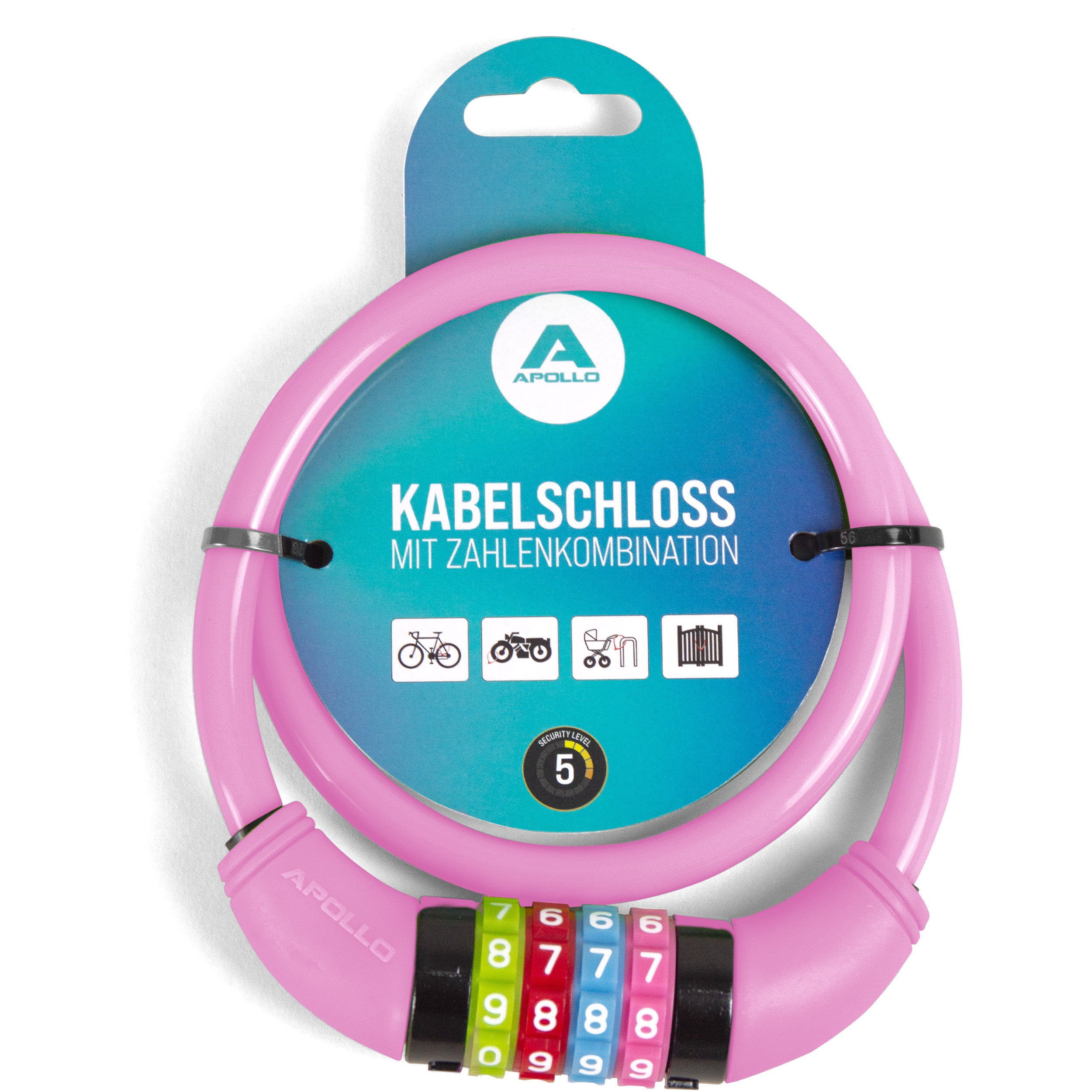 Apollo Fietsslot met cijfers voor kinderen, 10x650 mm, scooterslot, cijferslot Roze