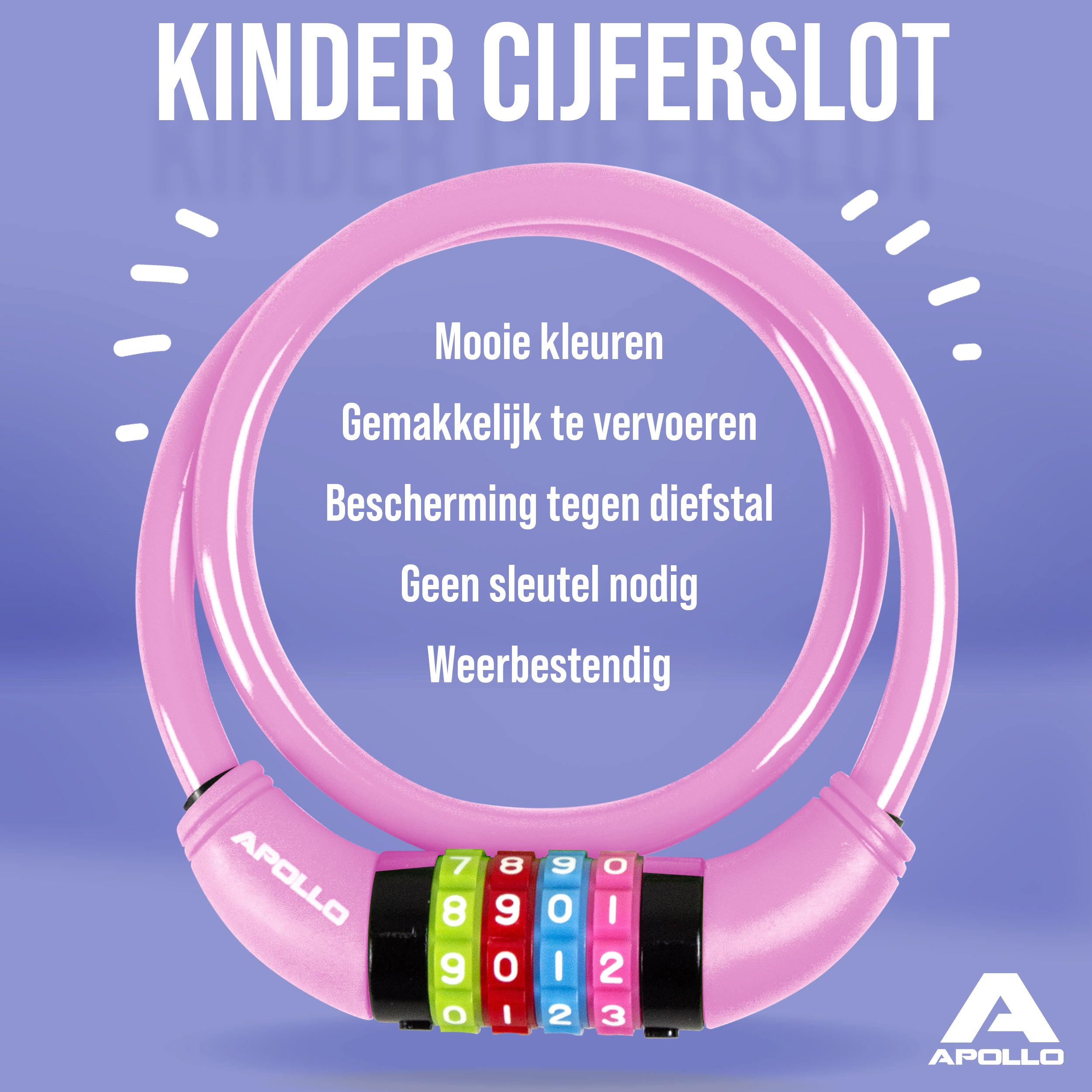 Apollo Fietsslot met cijfers voor kinderen, 10x650 mm, scooterslot, cijferslot Roze