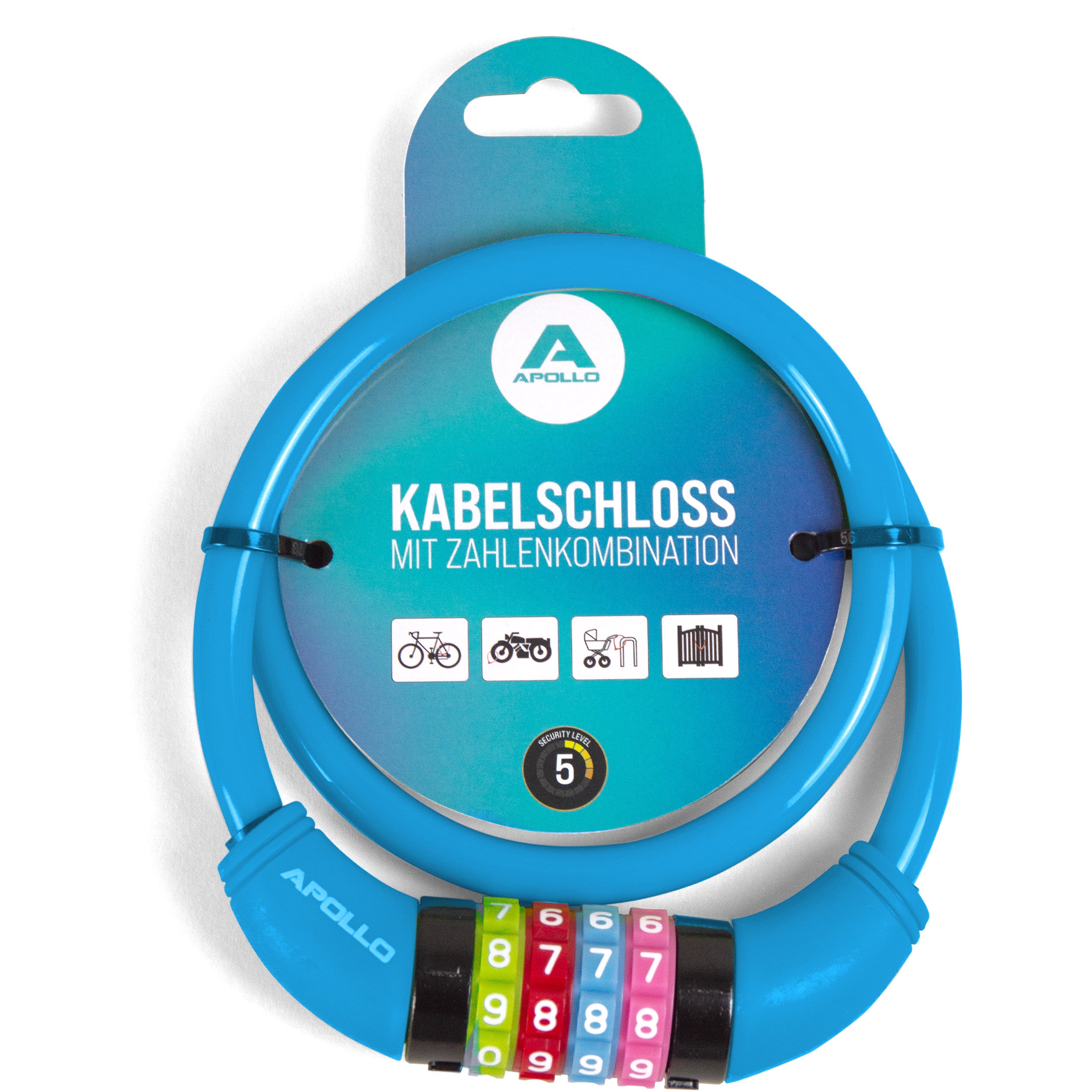 Apollo Fietsslot met cijfers voor kinderen, 10x650 mm, scooterslot, cijferslot Blauw