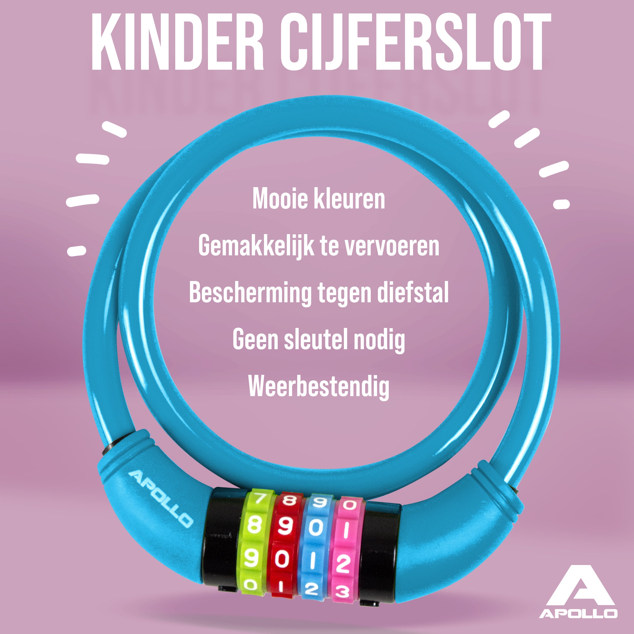 Apollo Fietsslot met cijfers voor kinderen, 10x650 mm, scooterslot, cijferslot Blauw