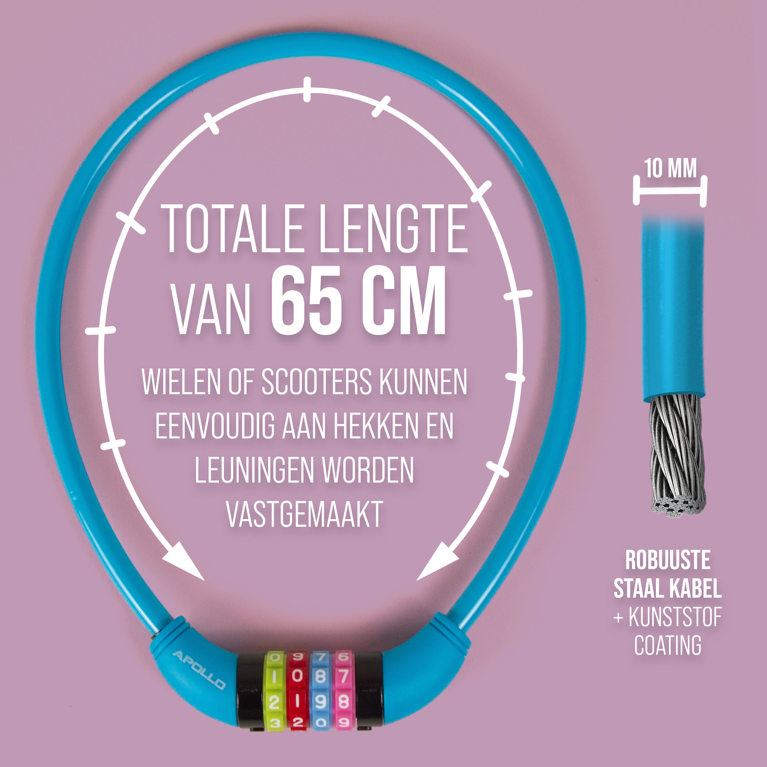 Apollo Fietsslot met cijfers voor kinderen, 10x650 mm, scooterslot, cijferslot Blauw