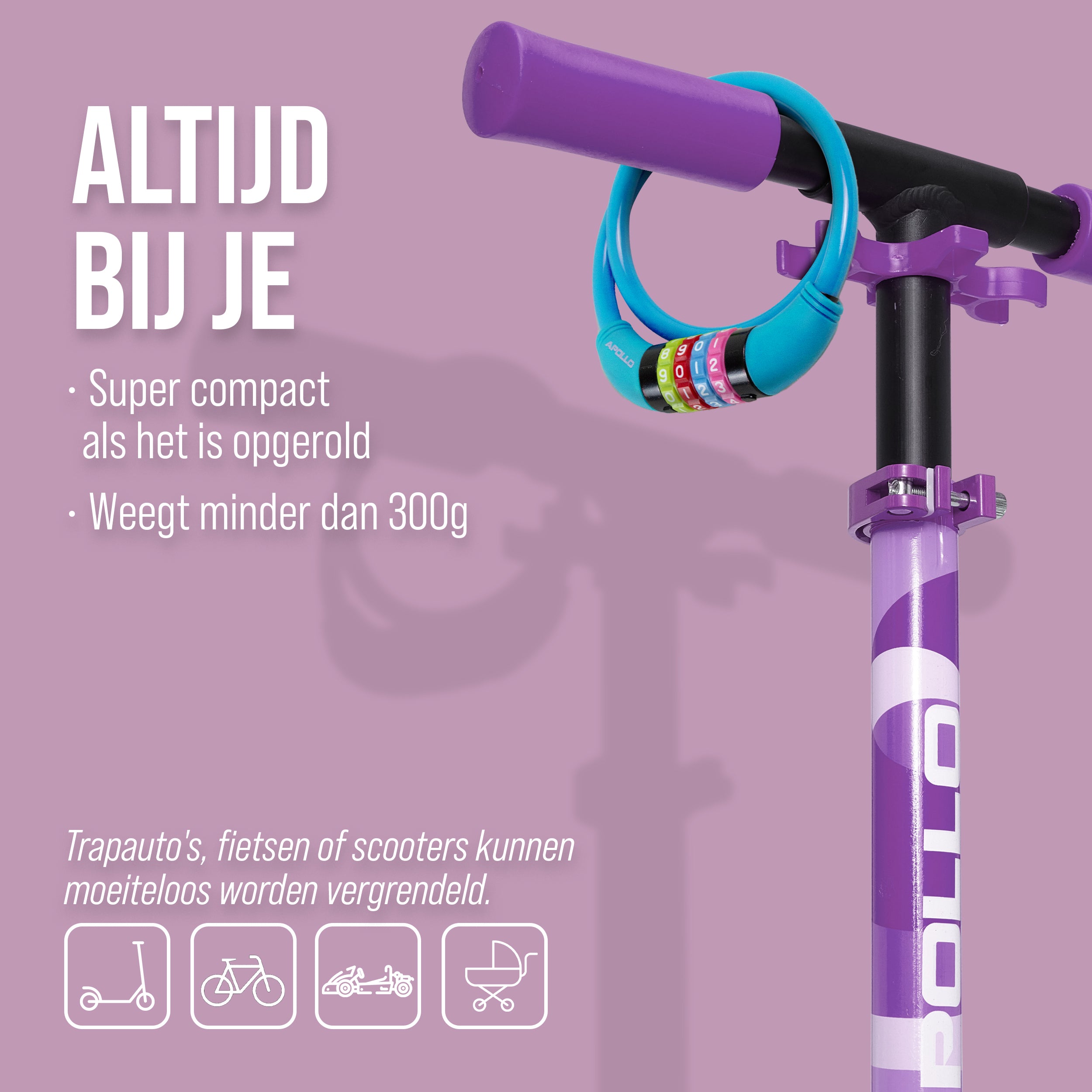 Apollo Fietsslot met cijfers voor kinderen, 10x650 mm, scooterslot, cijferslot Blauw