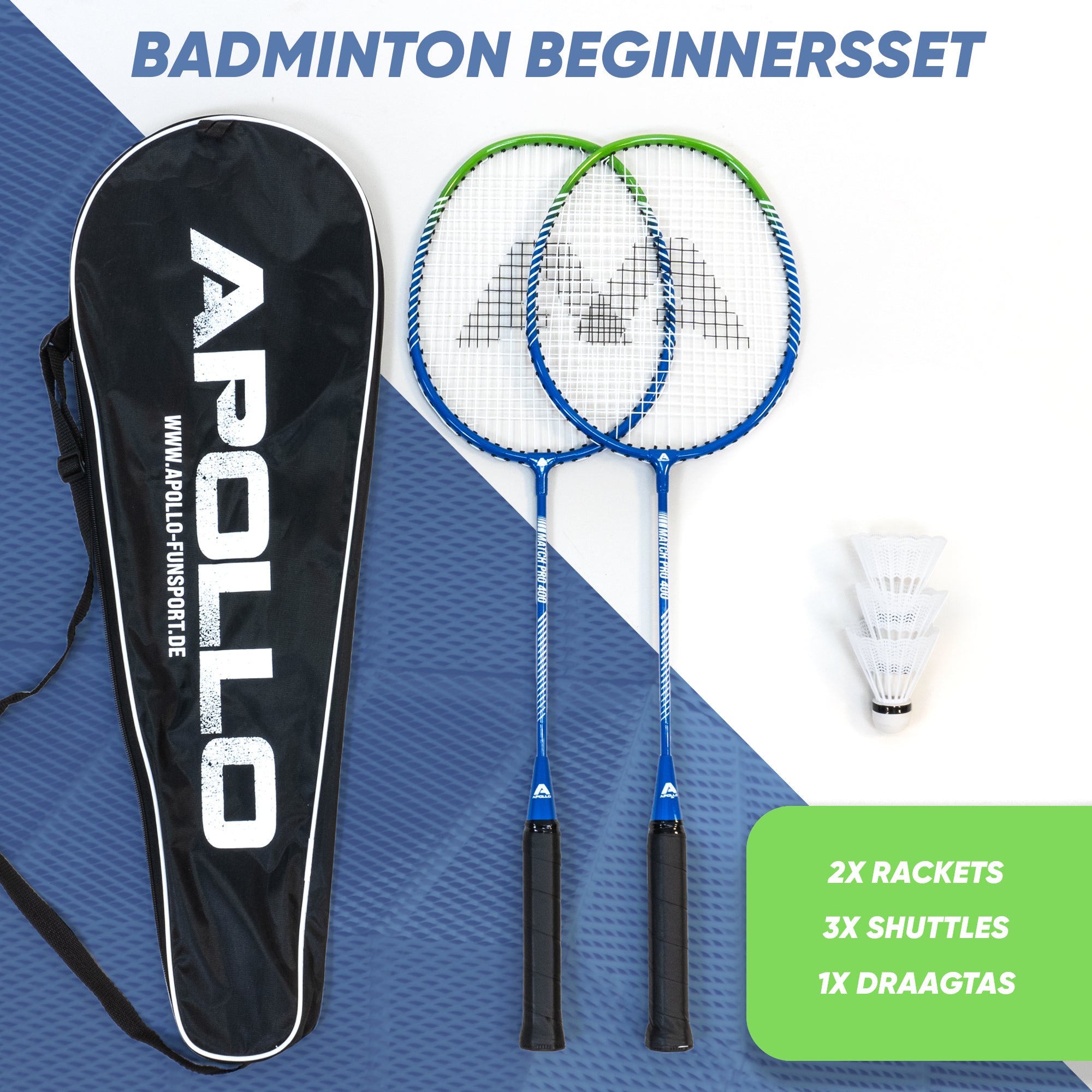 Apollo Badmintonset Match Pro 400 - Badmintonracket voor kinderen en volwassenen Blauw Groen
