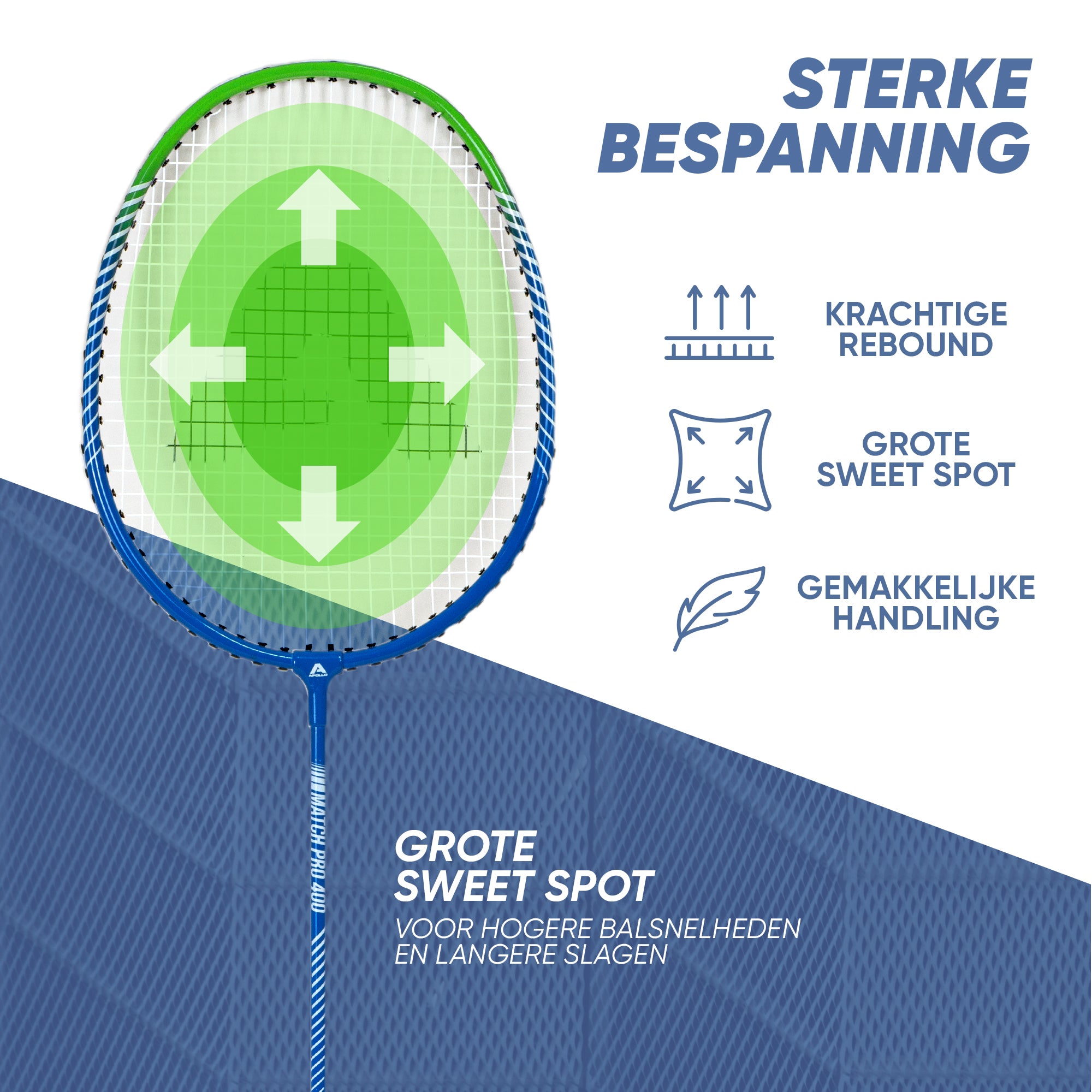 Apollo Badmintonset Match Pro 400 - Badmintonracket voor kinderen en volwassenen Blauw Groen
