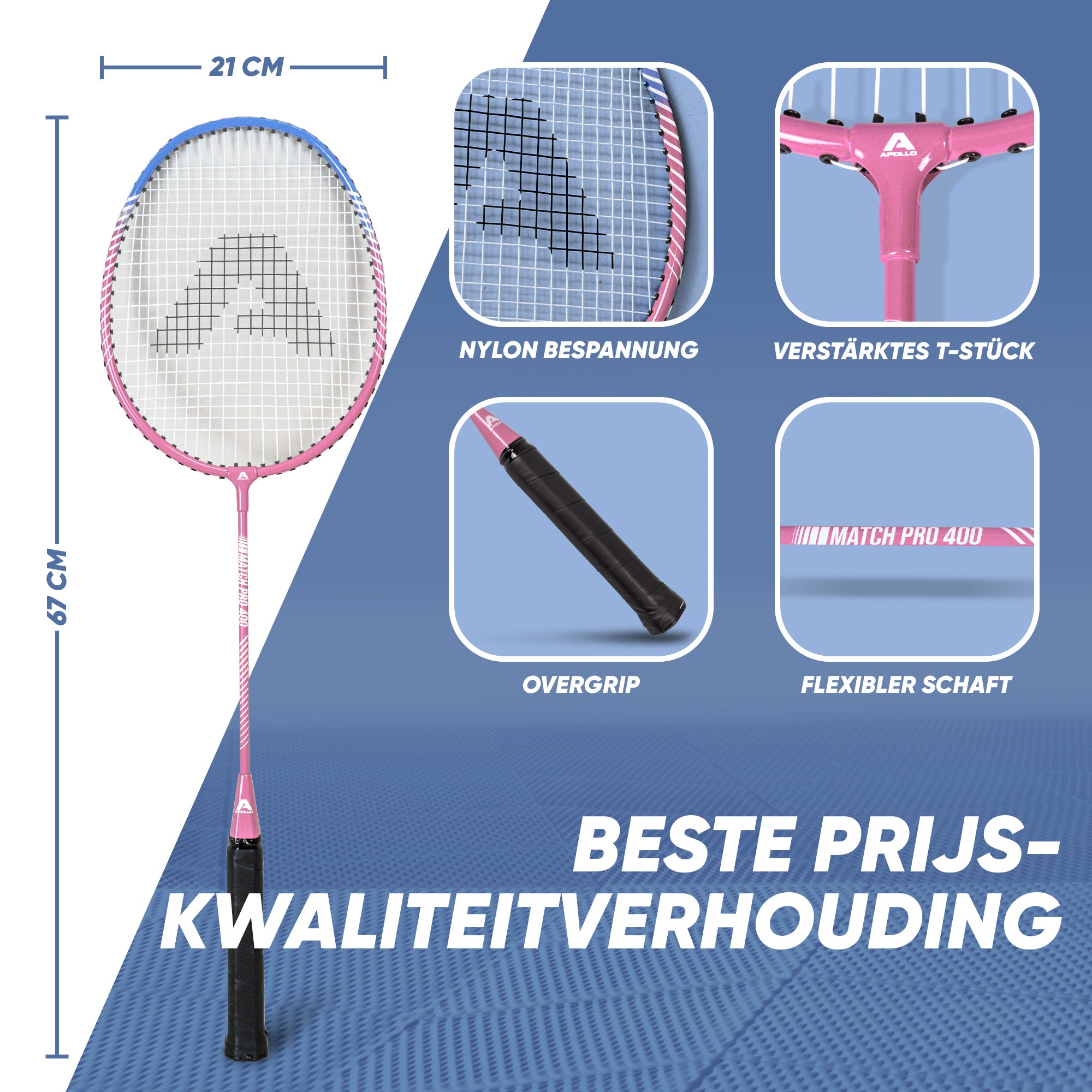 Apollo Badmintonset Match Pro 400 - Badmintonracket voor kinderen en volwassenen Blauw Roze