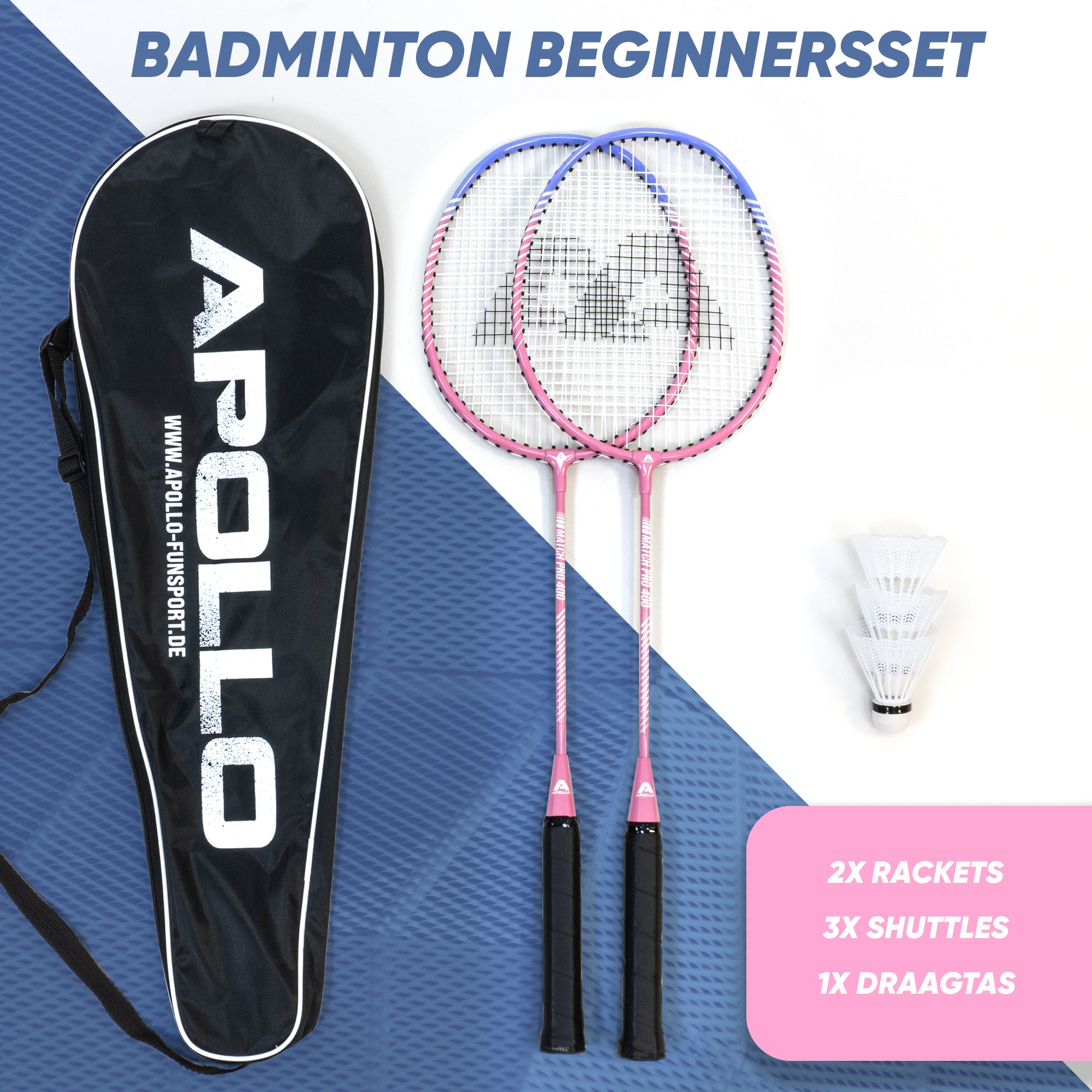 Apollo Badmintonset Match Pro 400 - Badmintonracket voor kinderen en volwassenen Blauw Roze