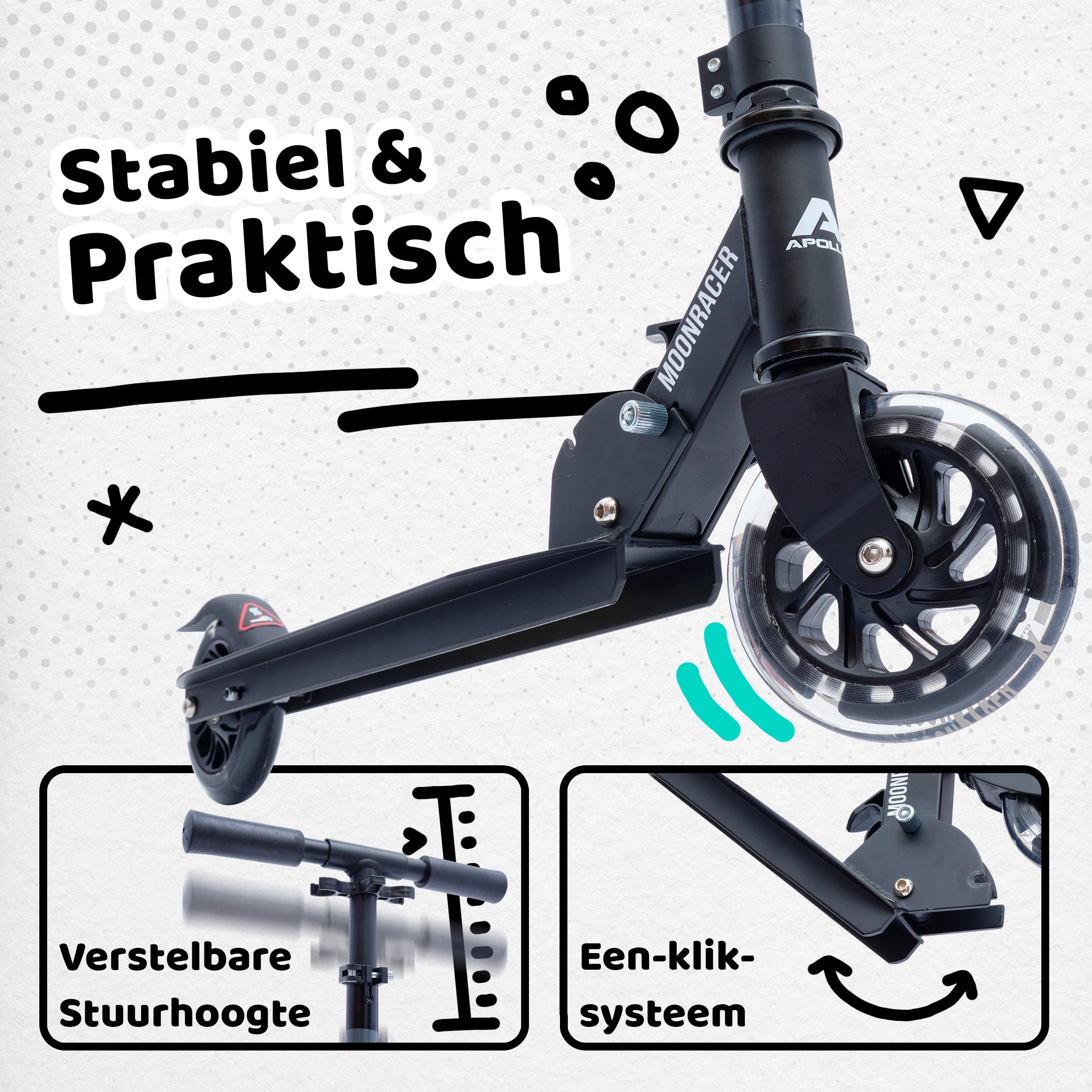 Apollo Kinderscooter 'Moonracer' LED-step met Vering Zwart